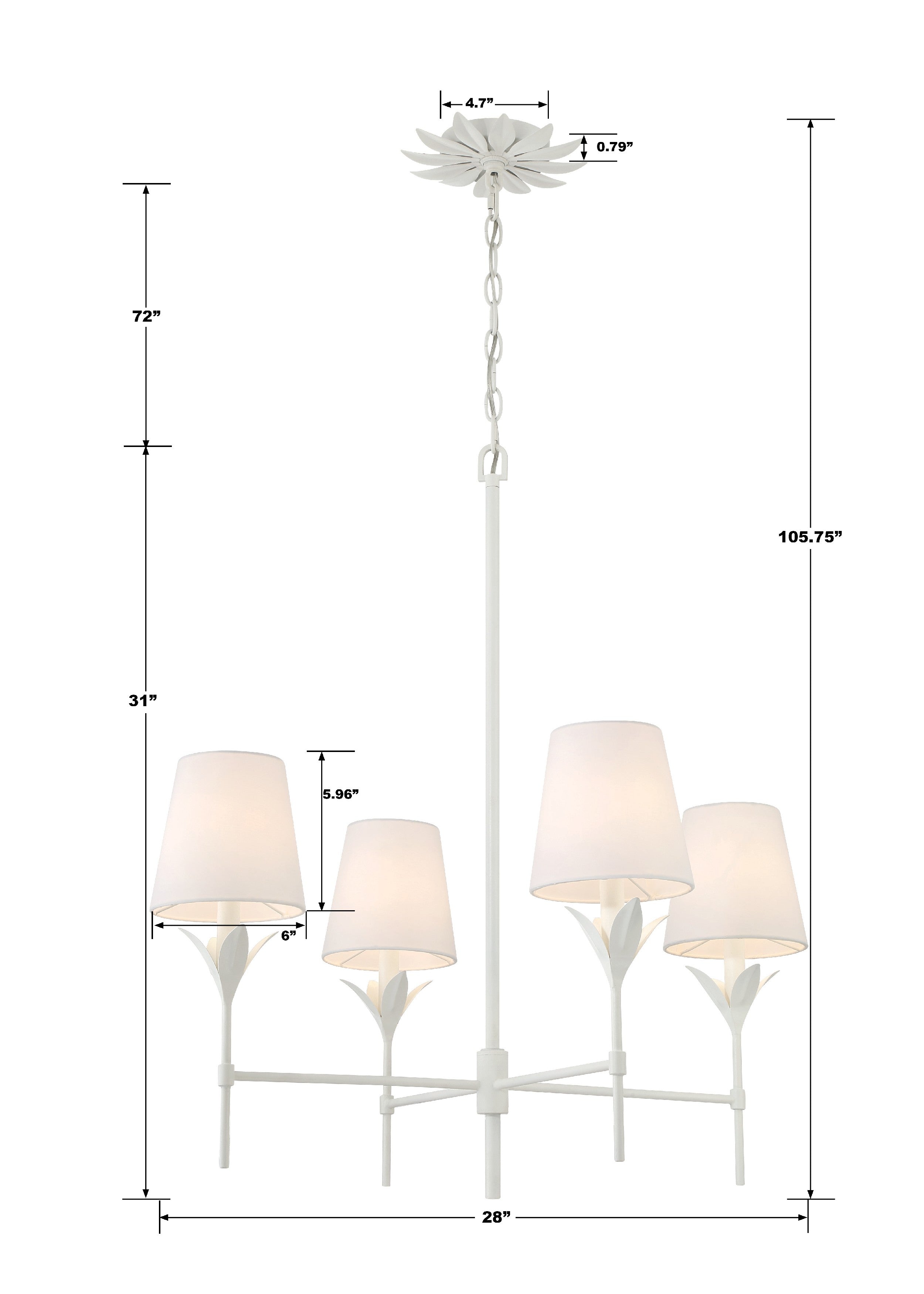 Crystorama Broche 534-MT – 28 Inch – 4 Light – Chandelier – Matte White – Dry Rated