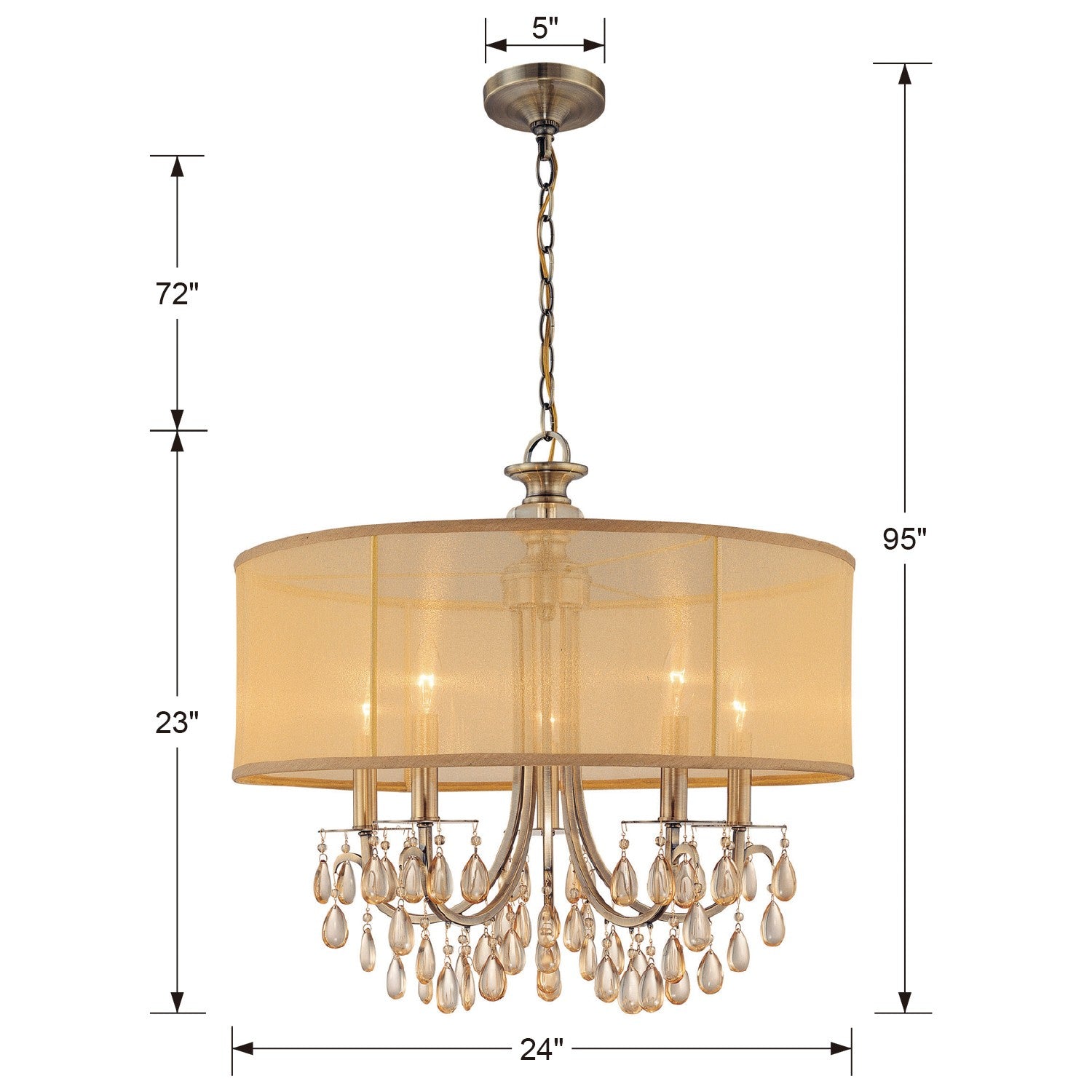 Crystorama Hampton 5625-AB – 24 Inch – 5 Light – Chandelier – Antique Brass – Damp Rated