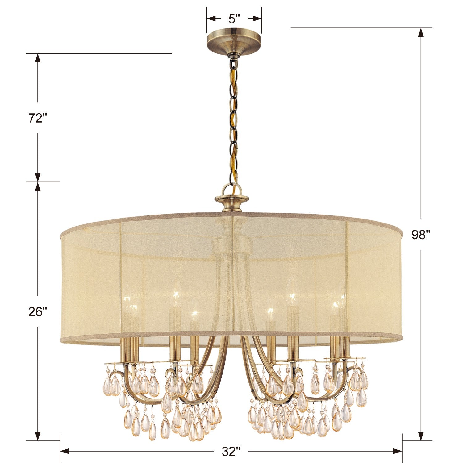 Crystorama Hampton 5628-AB – 32 Inch – 8 Light – Chandelier – Antique Brass – Damp Rated