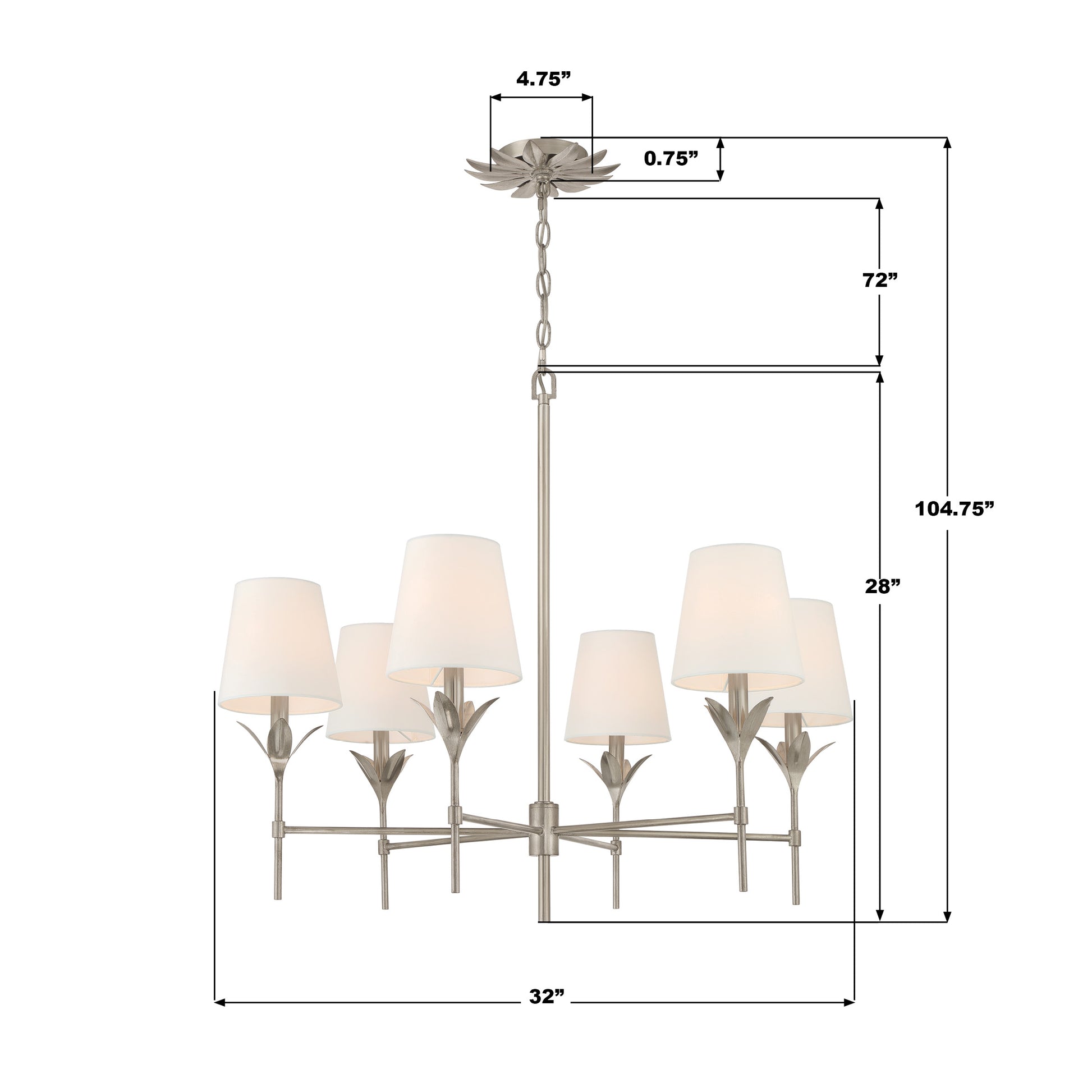 Crystorama Broche 568-SA – 32 Inch – 6 Light – Chandelier – Antique Silver – Dry Rated