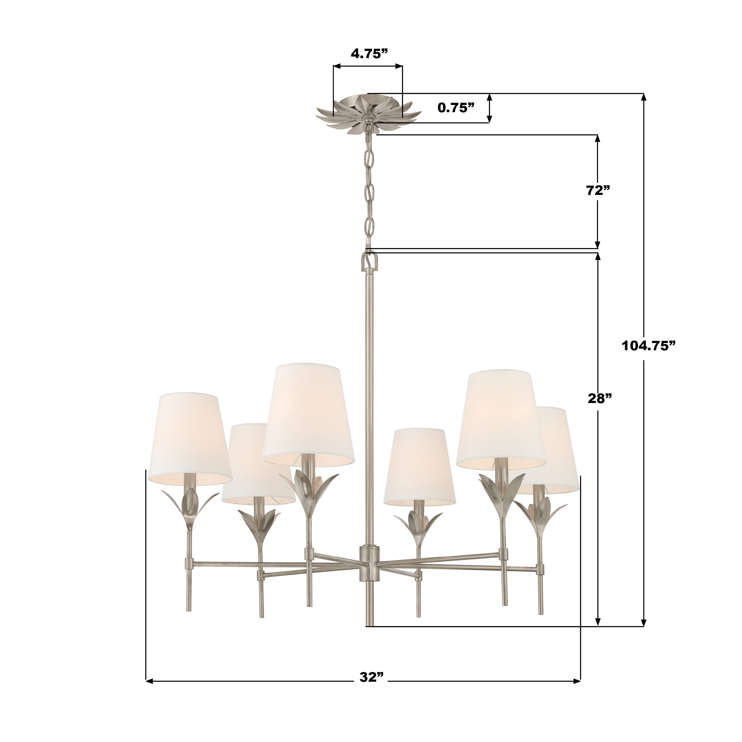 Crystorama Broche 568-SA – 32 Inch – 6 Light – Chandelier – Antique Silver – Dry Rated
