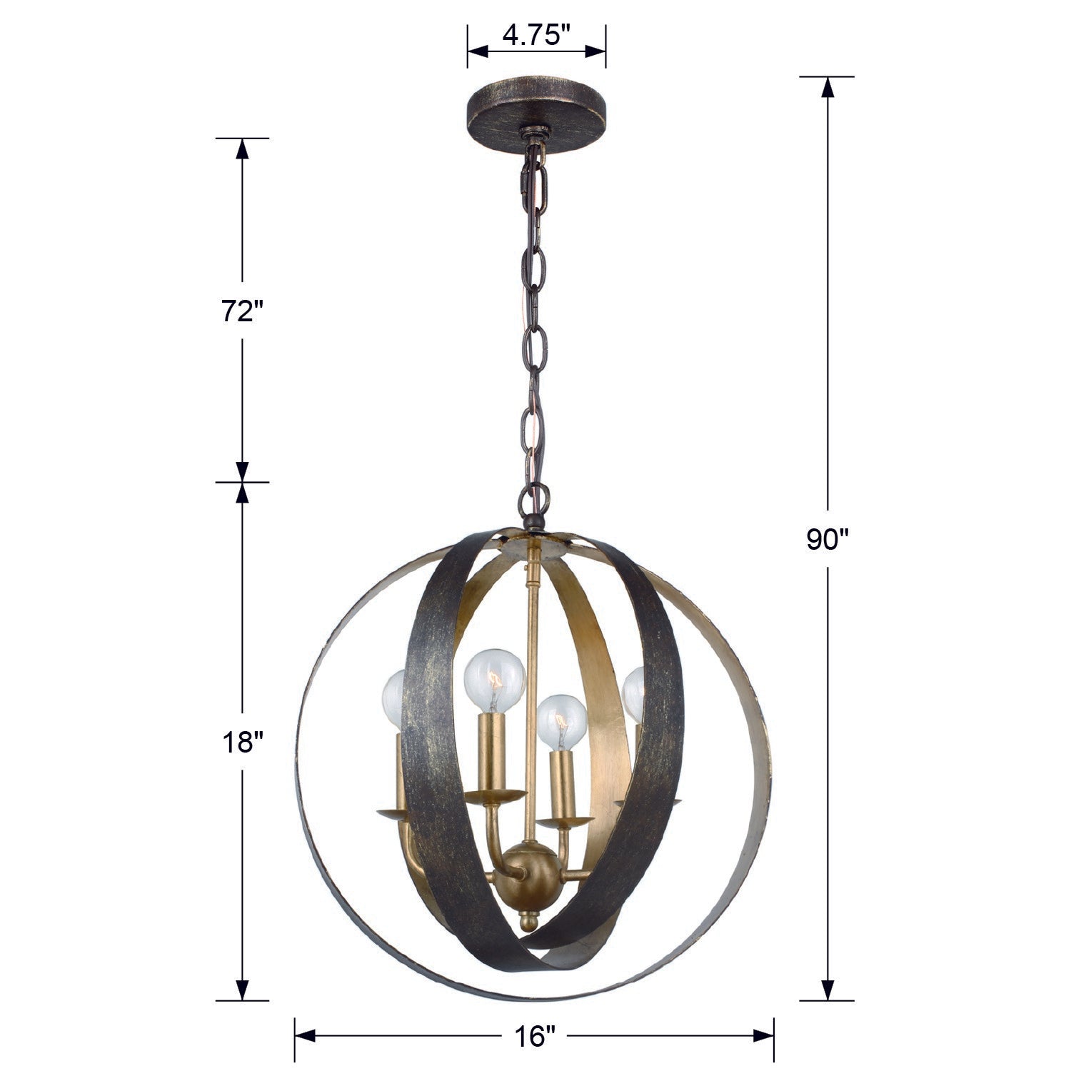 Crystorama Luna 584-EB-GA – 16 Inch – 4 Light – Chandelier – English Bronze + Antique Gold – Damp Rated