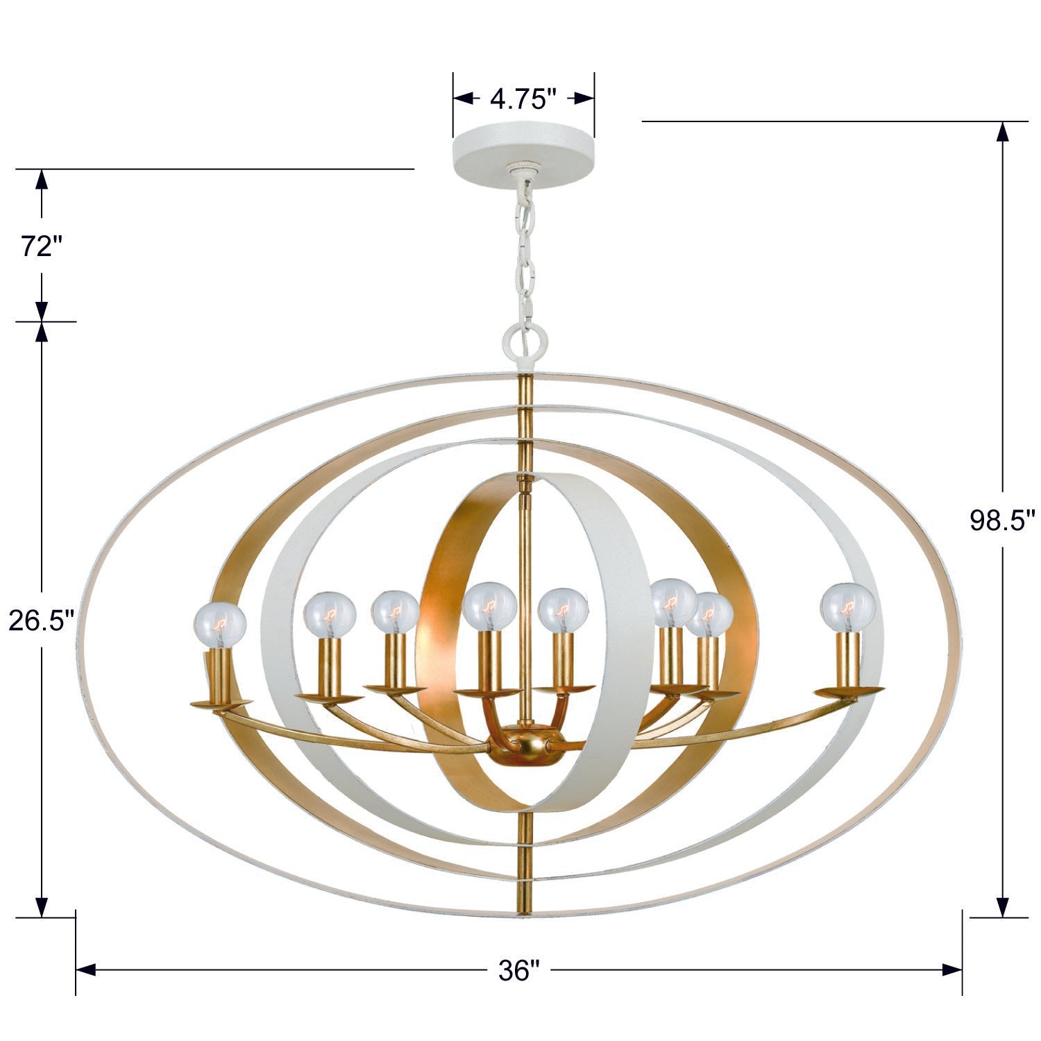 Crystorama Luna 588-MT-GA – 36 Inch – 8 Light – Chandelier – Matte White + Antique Gold – Damp Rated