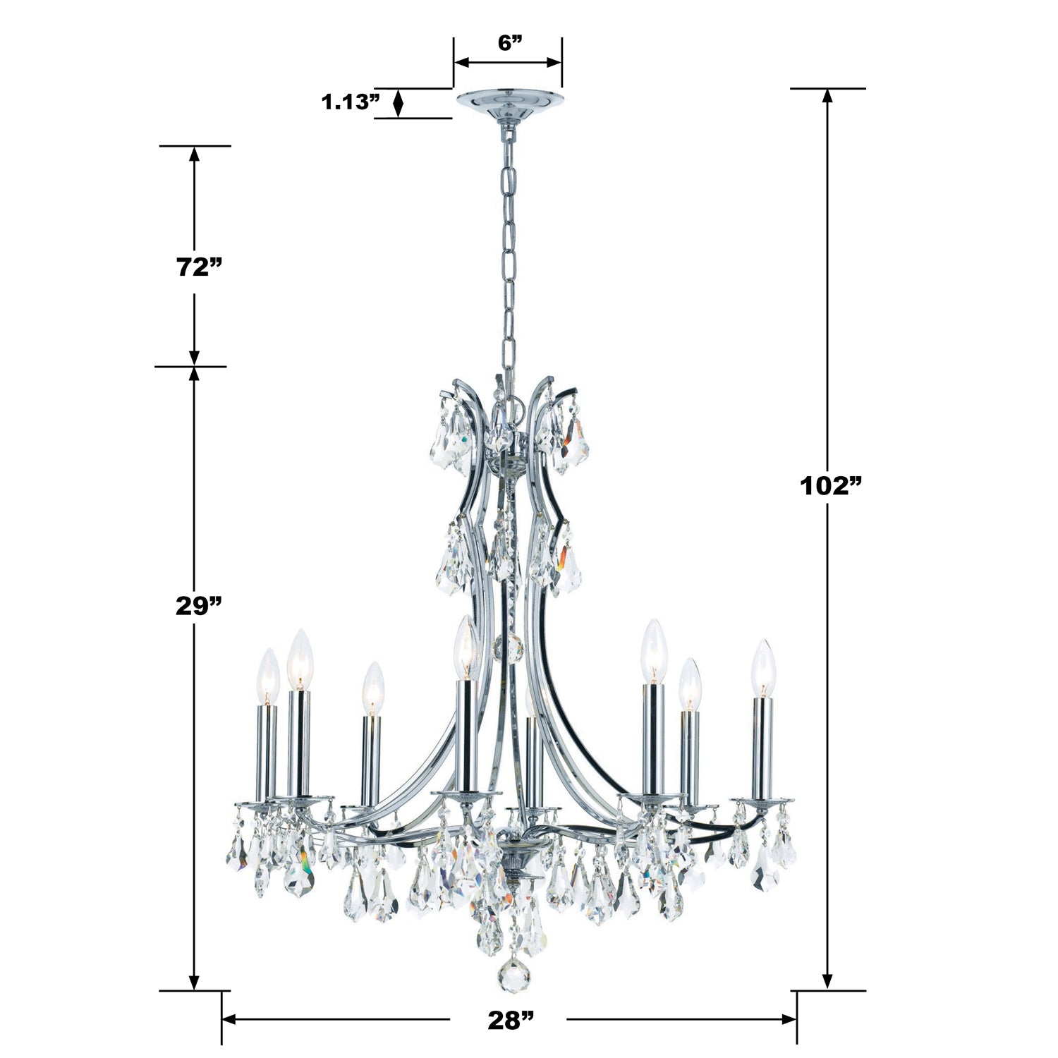 Crystorama Cedar 5938-CH-CL-S – 28 Inch – 8 Light – Chandelier – Polished Chrome – Damp Rated