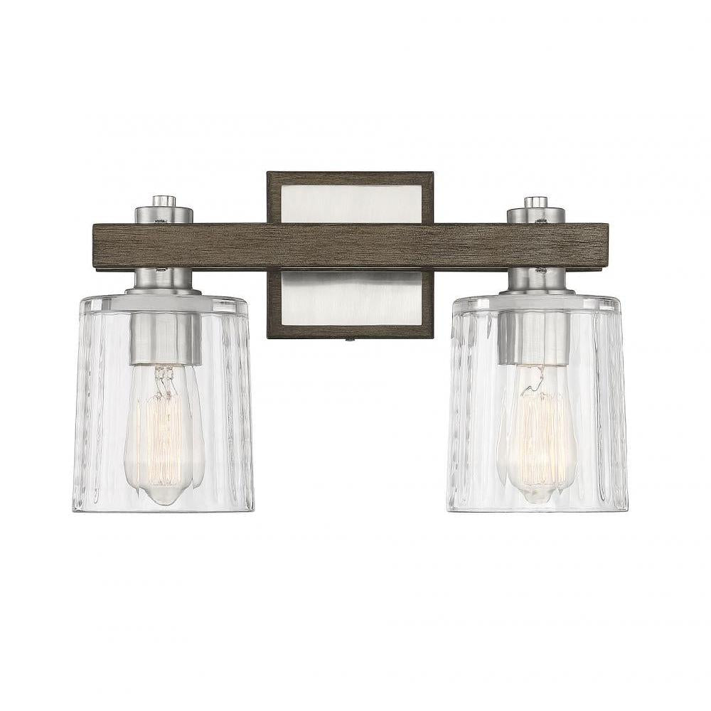 Halifax 2-Light Bathroom Vanity Light in Satin Nickel with Gray Wood
