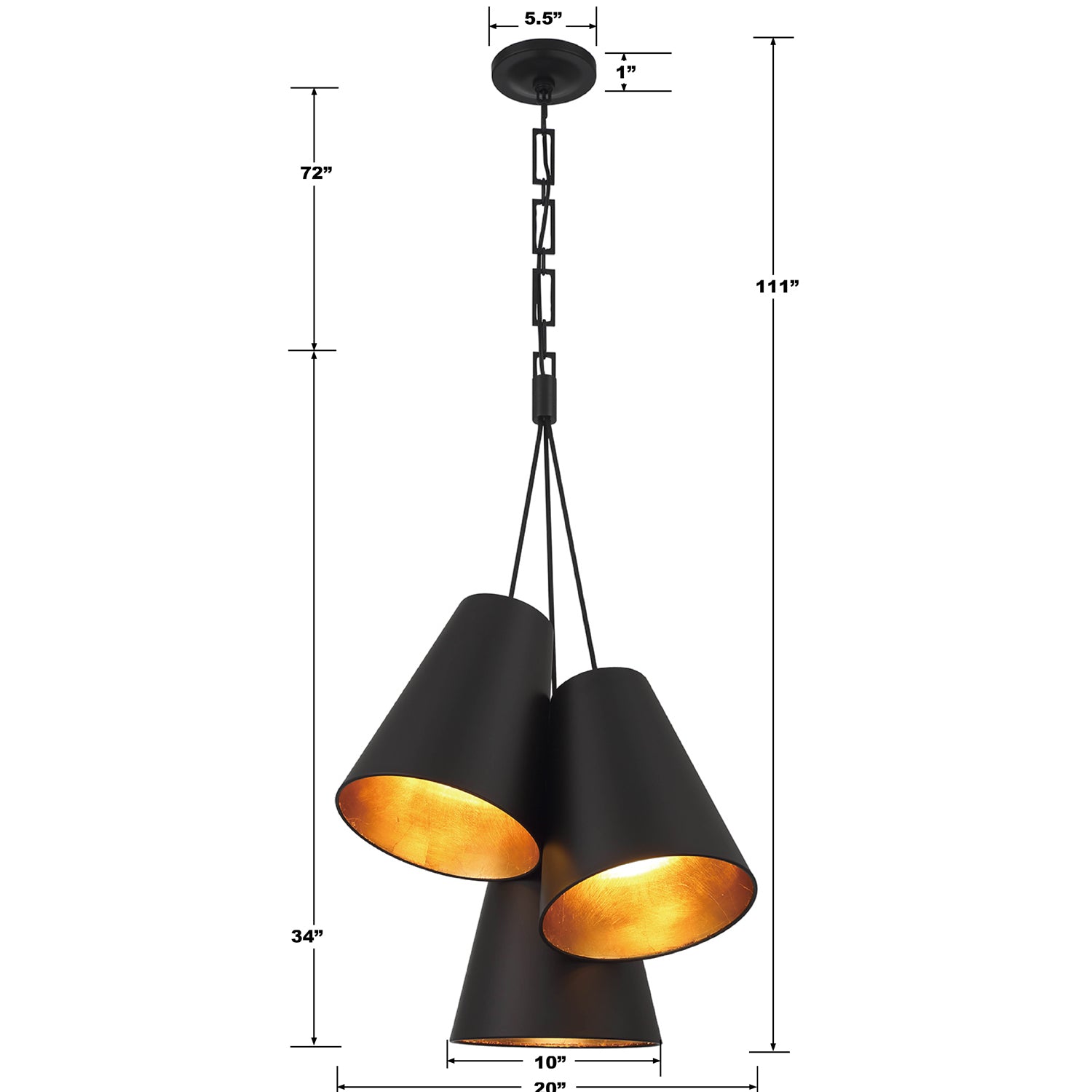 Crystorama Alston 8684-MK-GA – 20 Inch – 3 Light – Pendant Light – Matte Black + Antique Gold – Damp Rated