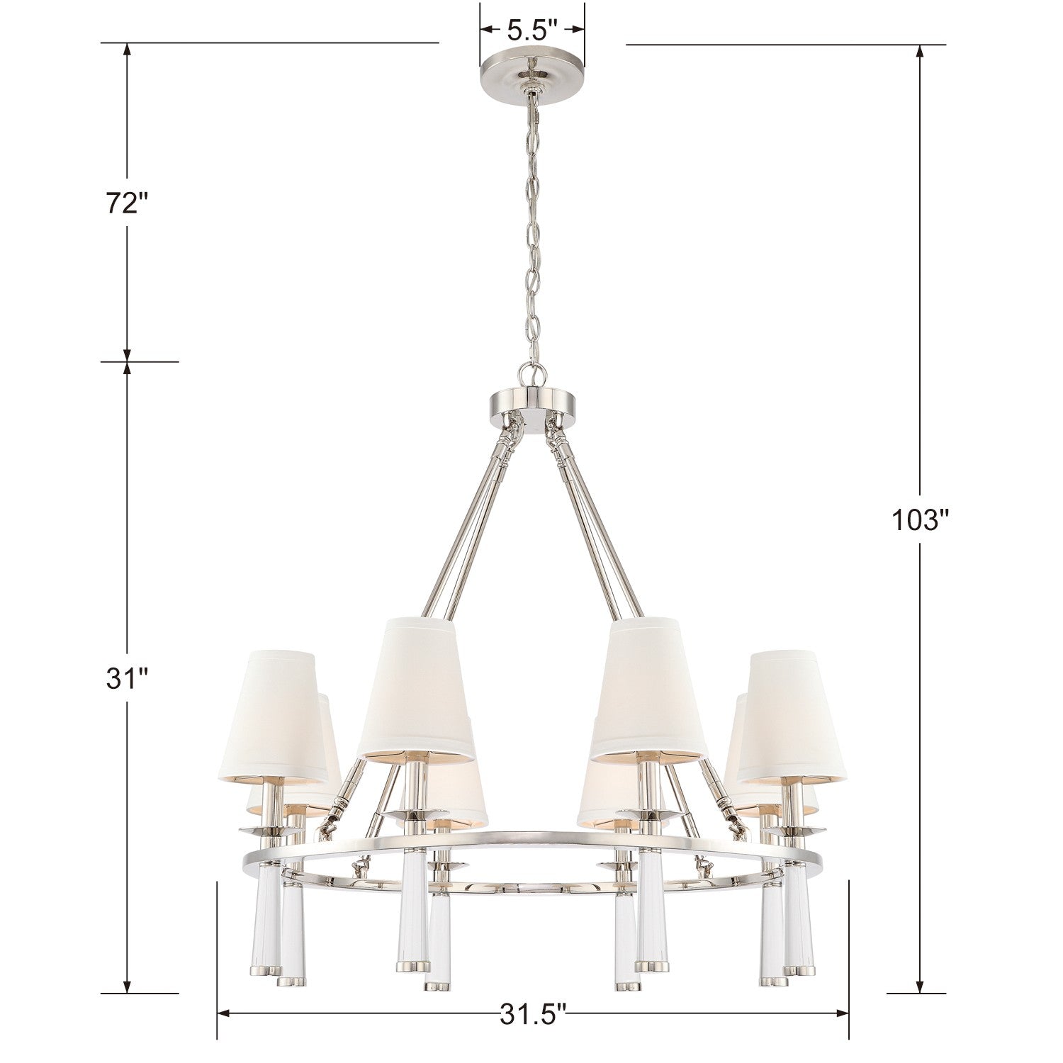 Crystorama Baxter 8867-PN – 31.5 Inch – 8 Light – Chandelier – Polished Nickel – Dry Rated