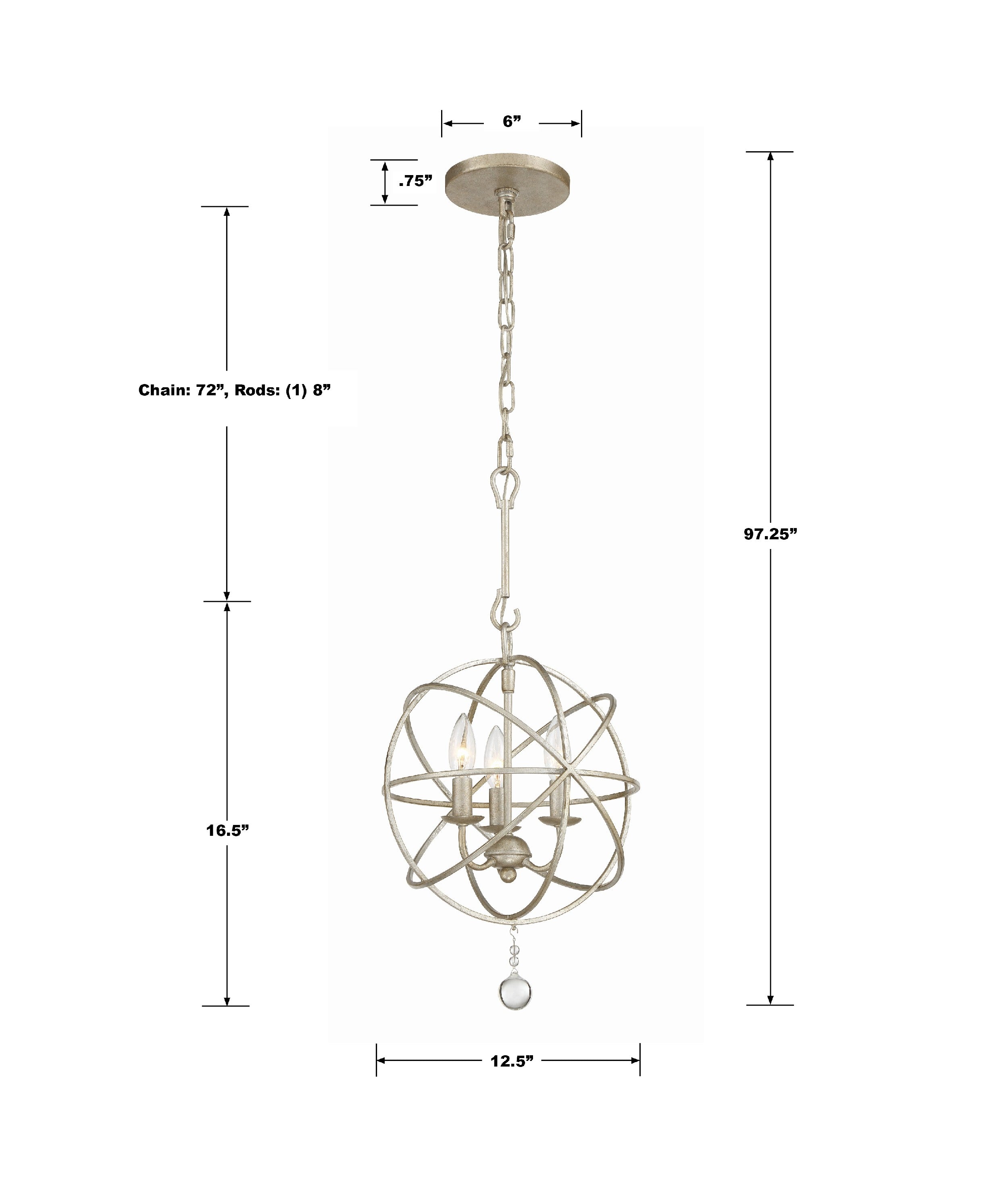 Crystorama Solaris 9225-OS – 12.5 Inch – 3 Light – Chandelier – Olde Silver – Damp Rated