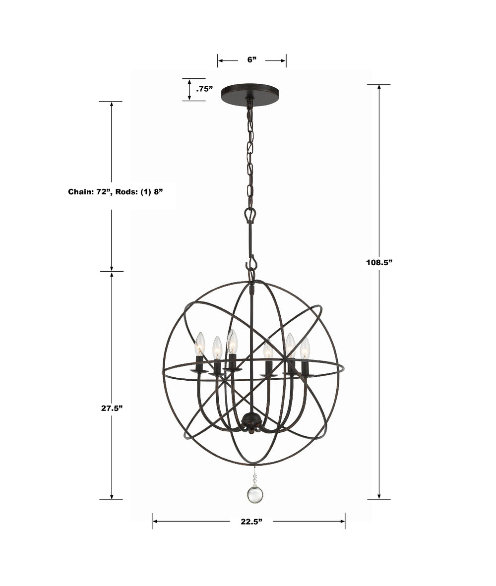 Crystorama 9226-EB Solaris 6 Light Chandelier, UL Damp Rated, English Bronze