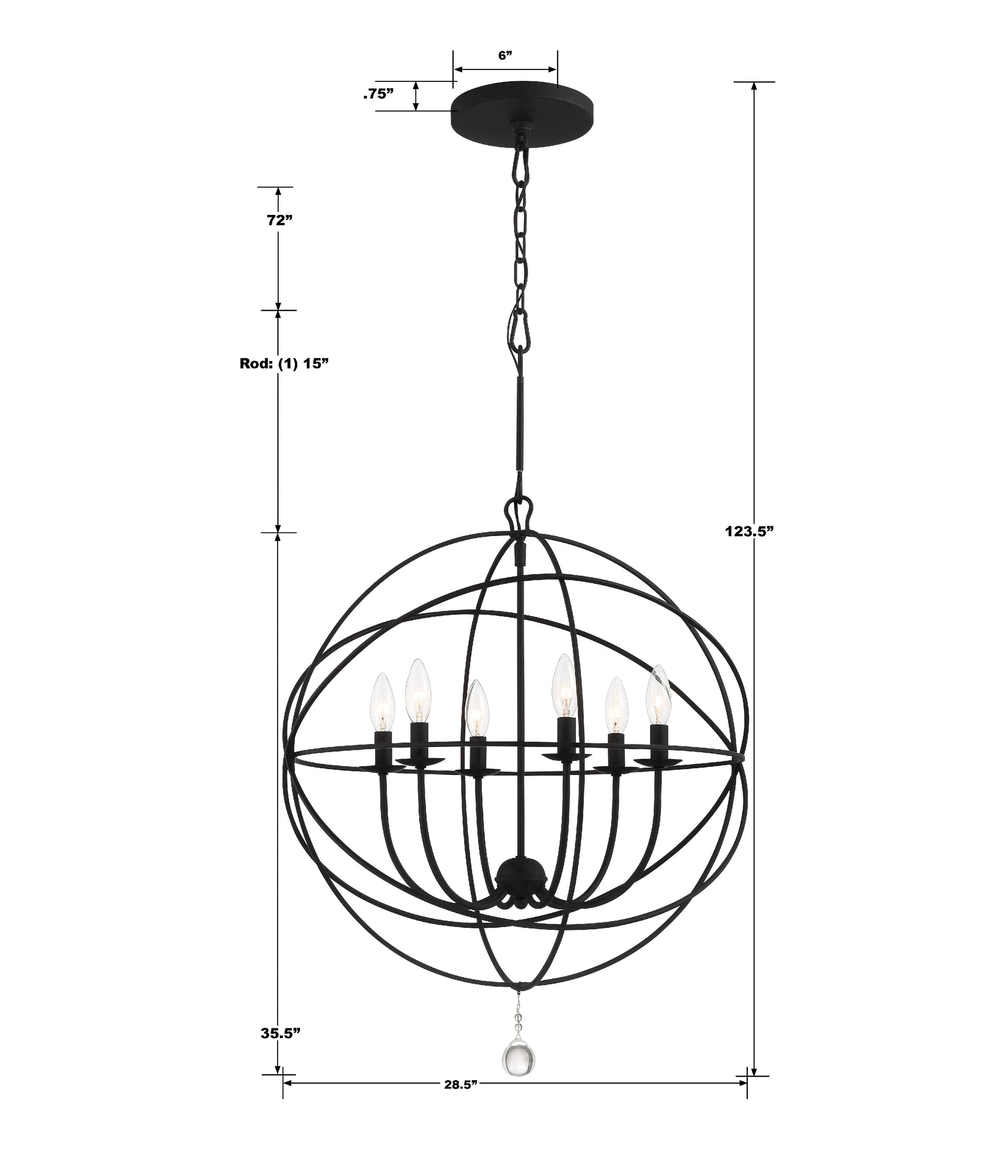 Crystorama Solaris 9228-BK – 28.5 Inch – 6 Light – Chandelier – Black – Damp Rated