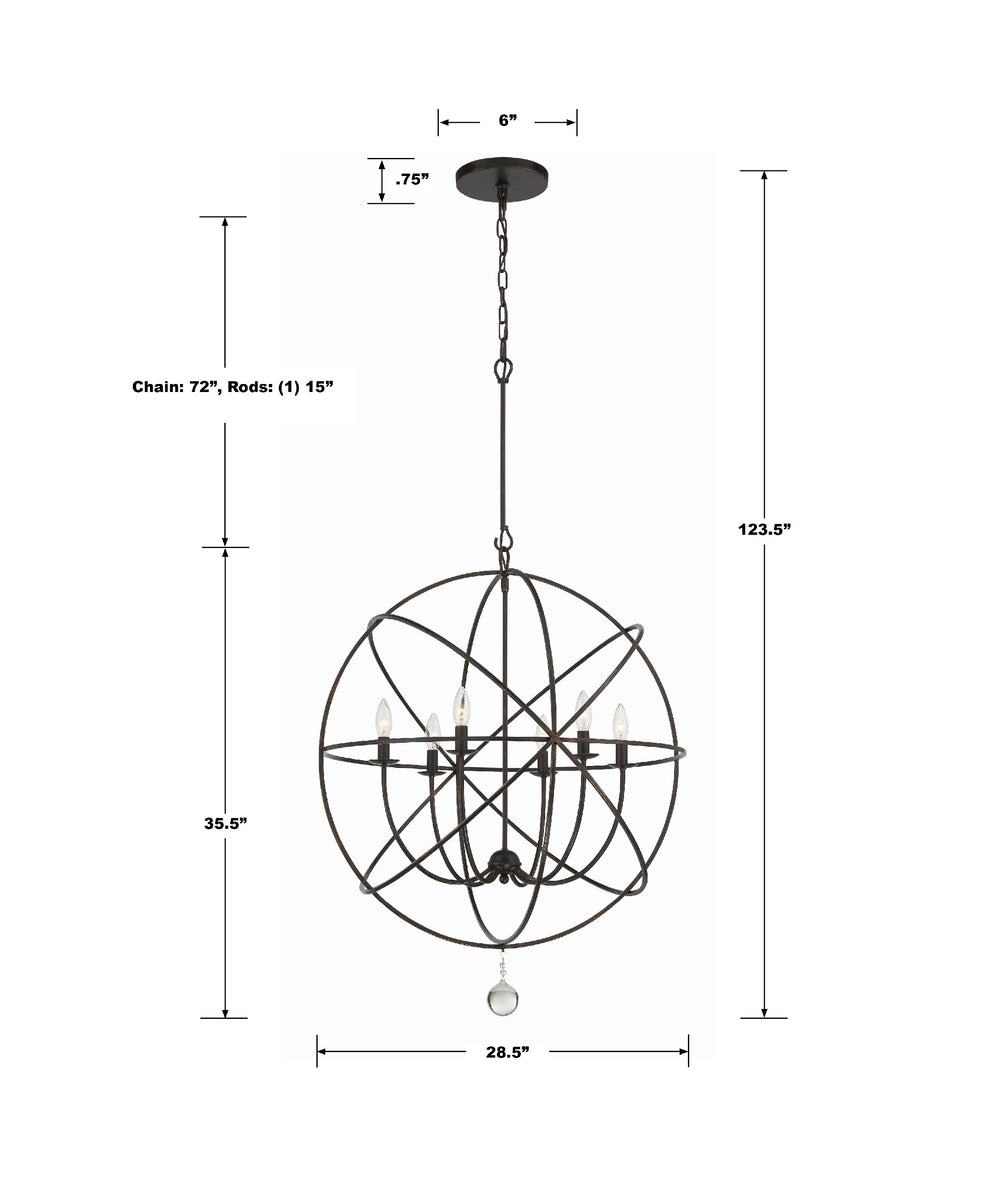 Crystorama 9228-EB Solaris 6 Light Chandelier, UL Damp Rated, English Bronze