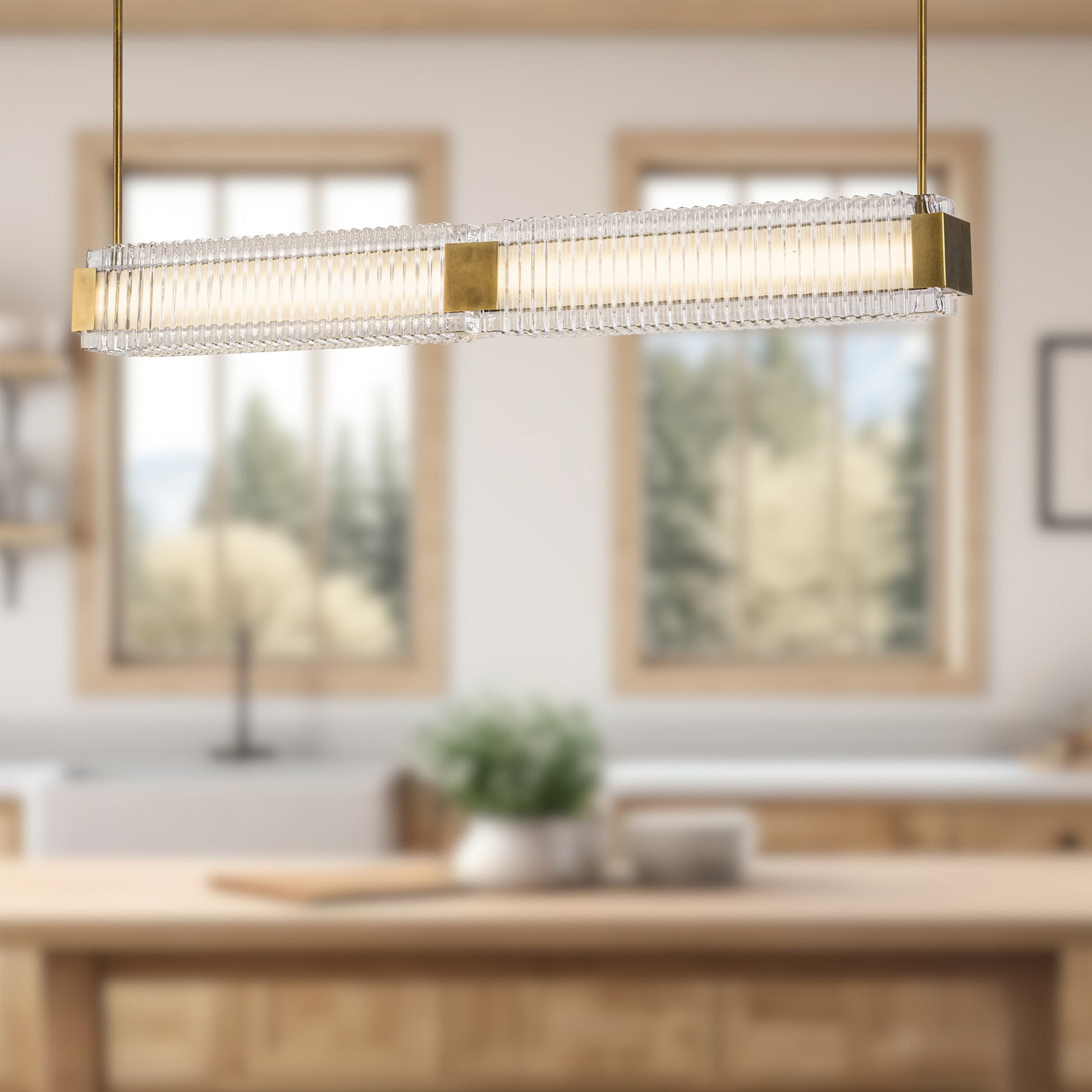 Alai 47-in Vintage Brass/Ribbed Glass LED Linear Pendant