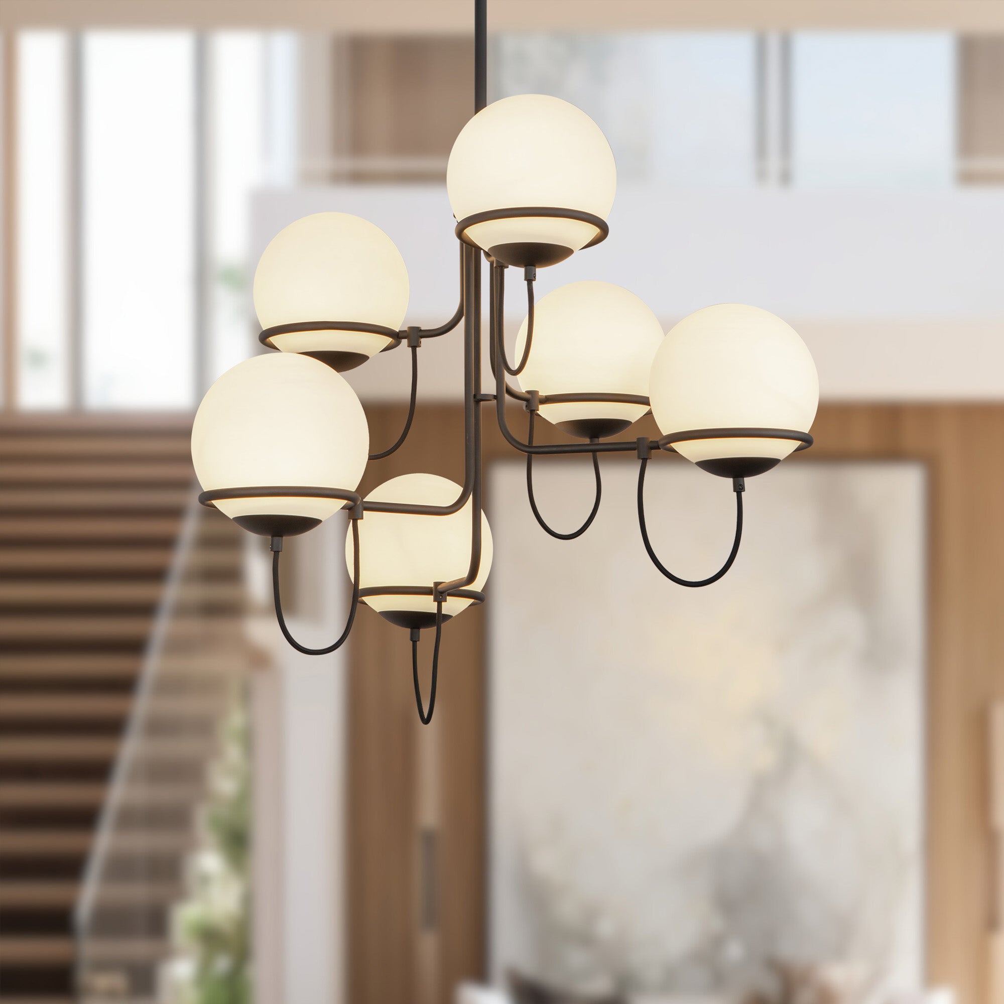 Alba 32-in Matte Black/Opal Glass 6 Lights Chandelier