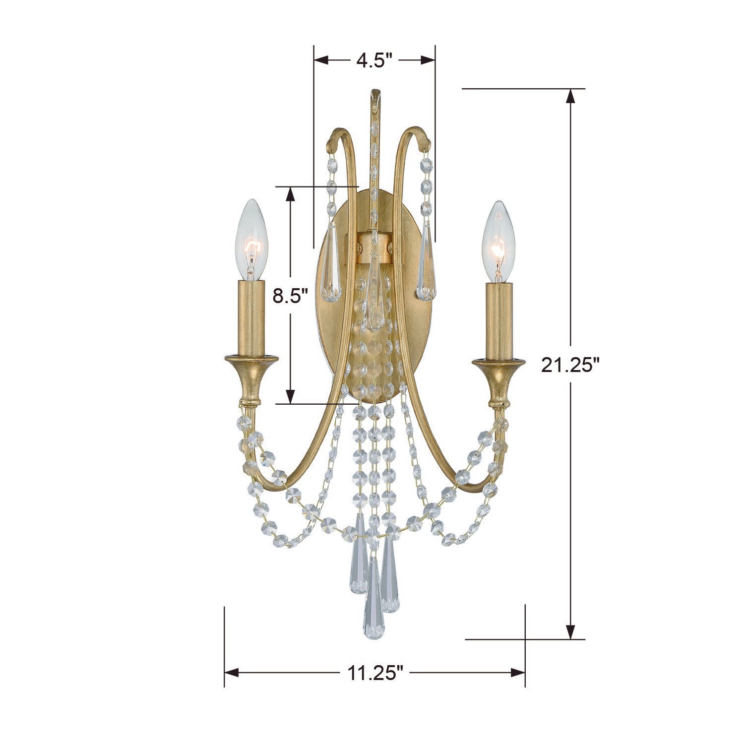 Crystorama Arcadia ARC-1902-GA-CL-MWP – 11.25 Inch – 2 Light – Sconce – Antique Gold – Damp Rated