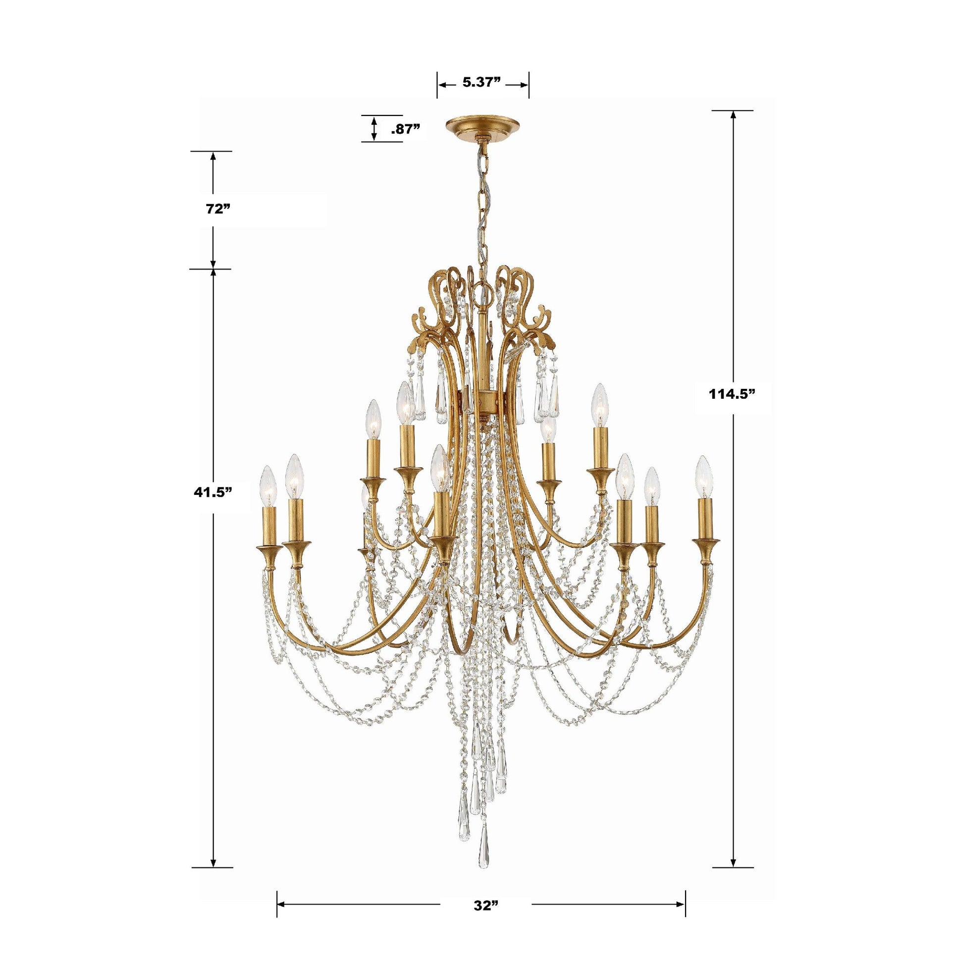 Crystorama Arcadia ARC-1909-GA-CL-MWP – 32.5 Inch – 12 Light – Chandelier – Antique Gold – Dry Rated