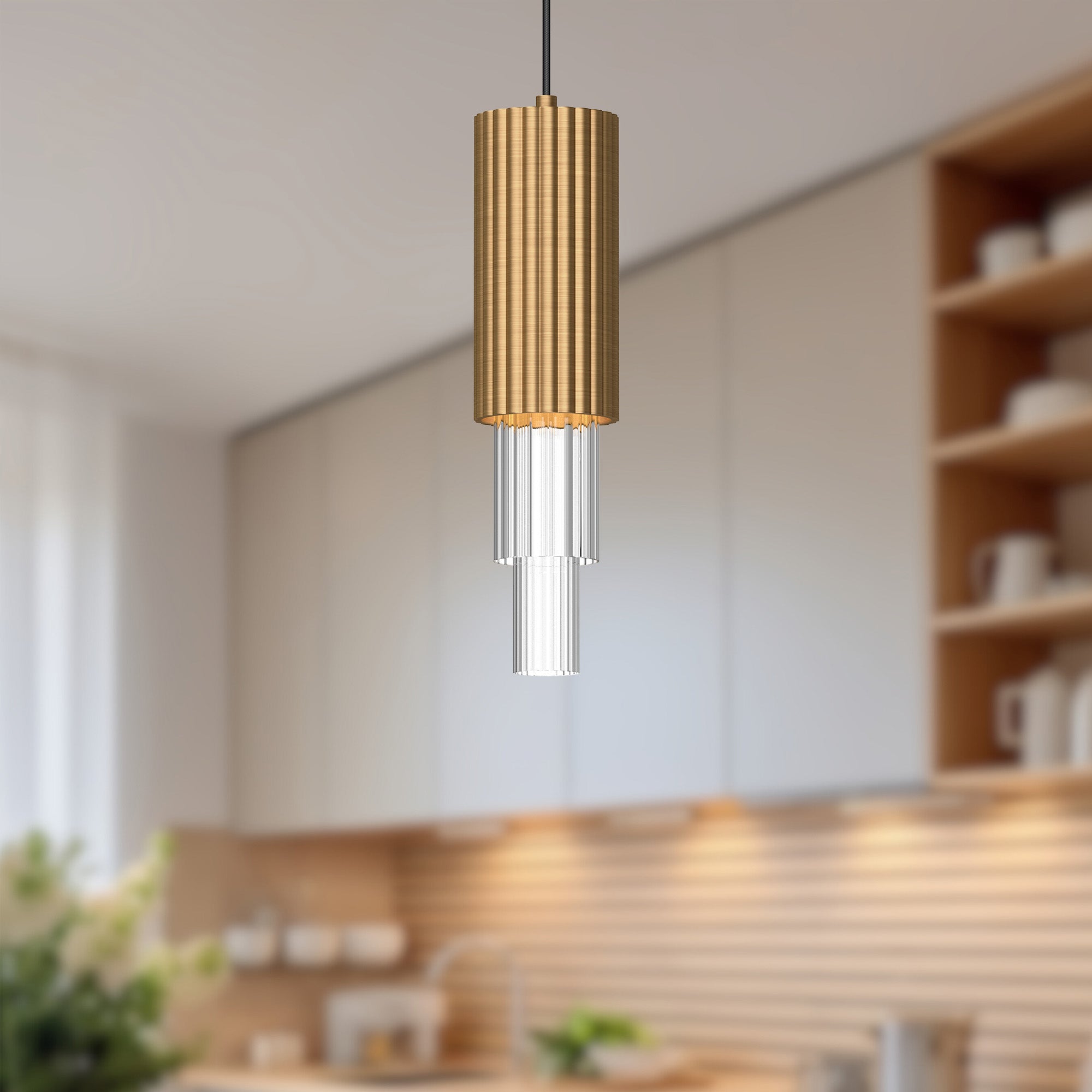 Bordeaux 4-in Aged Gold/Clear Ribbed Glass LED Pendant