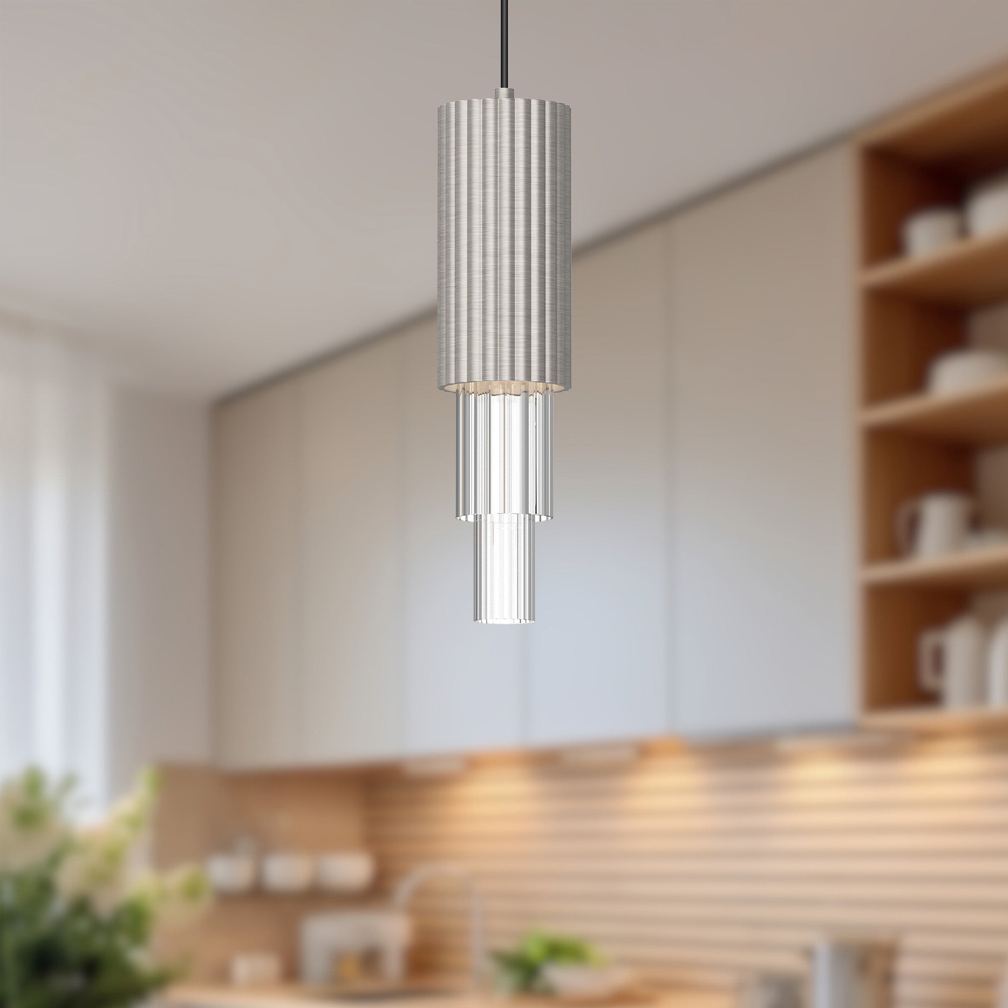 Bordeaux 4-in Brushed Nickel/Clear Ribbed Glass LED Pendant