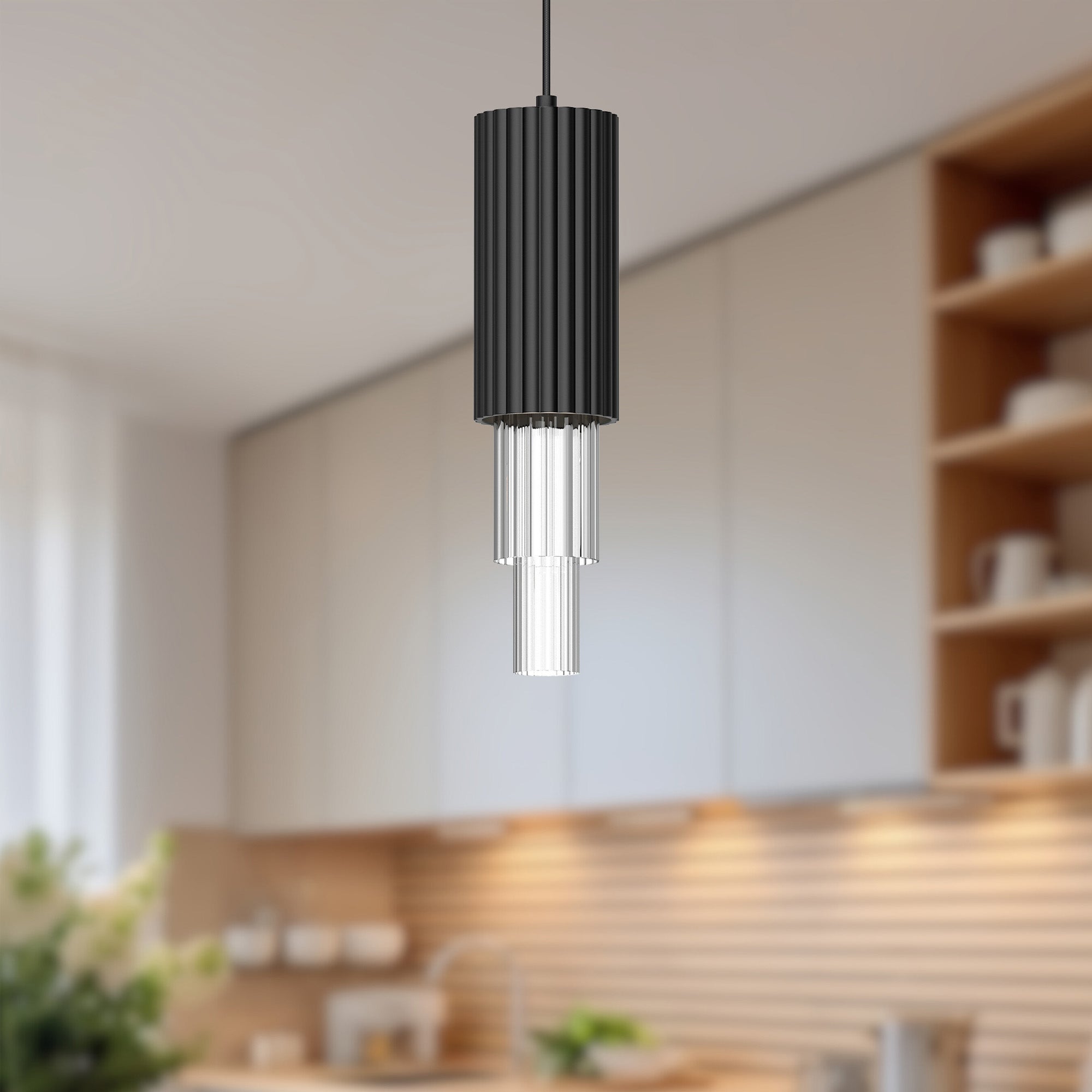 Bordeaux 4-in Clear Ribbed Glass/Matte Black LED Pendant