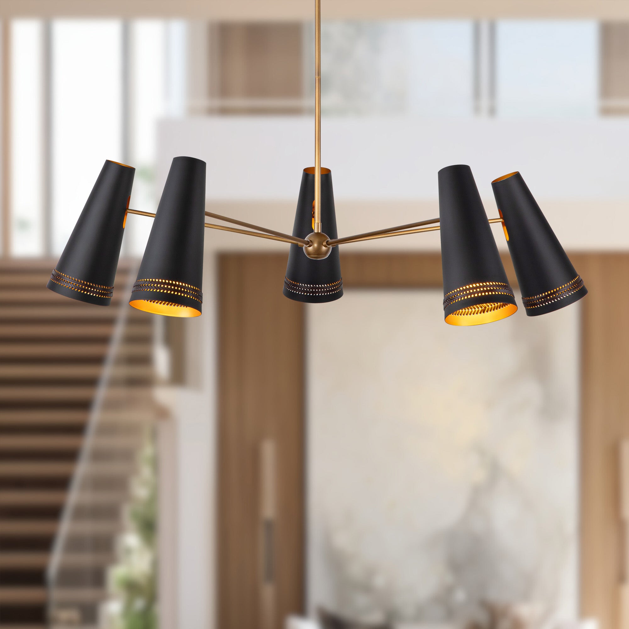 Brickell 45-in Matte Black/Hazelnut Leather 5 Lights Chandeliers
