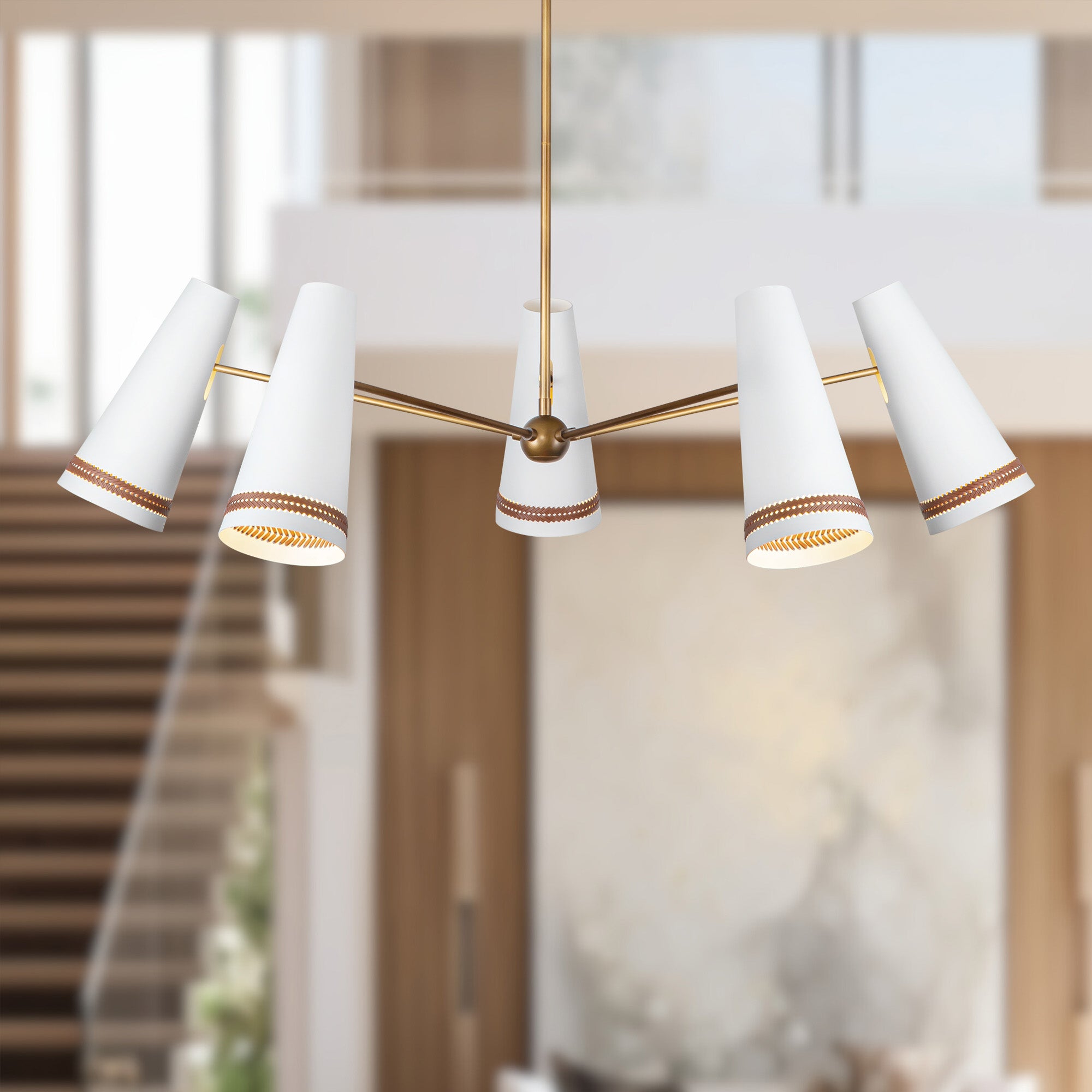 Brickell 45-in Matte White/Hazelnut Leather 5 Lights Chandeliers