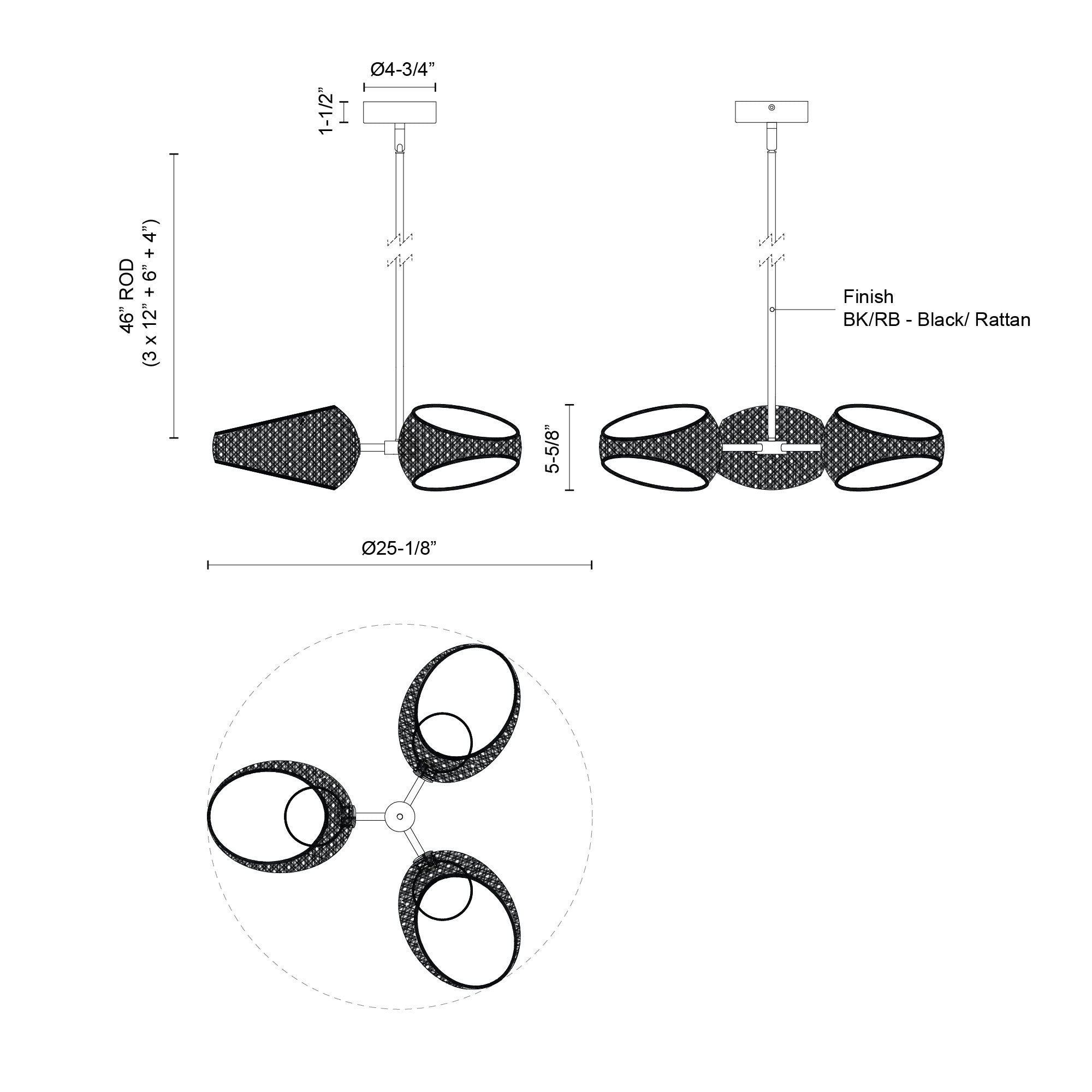 Lanai 3 Head Black/Opal Glass LED Chandelier