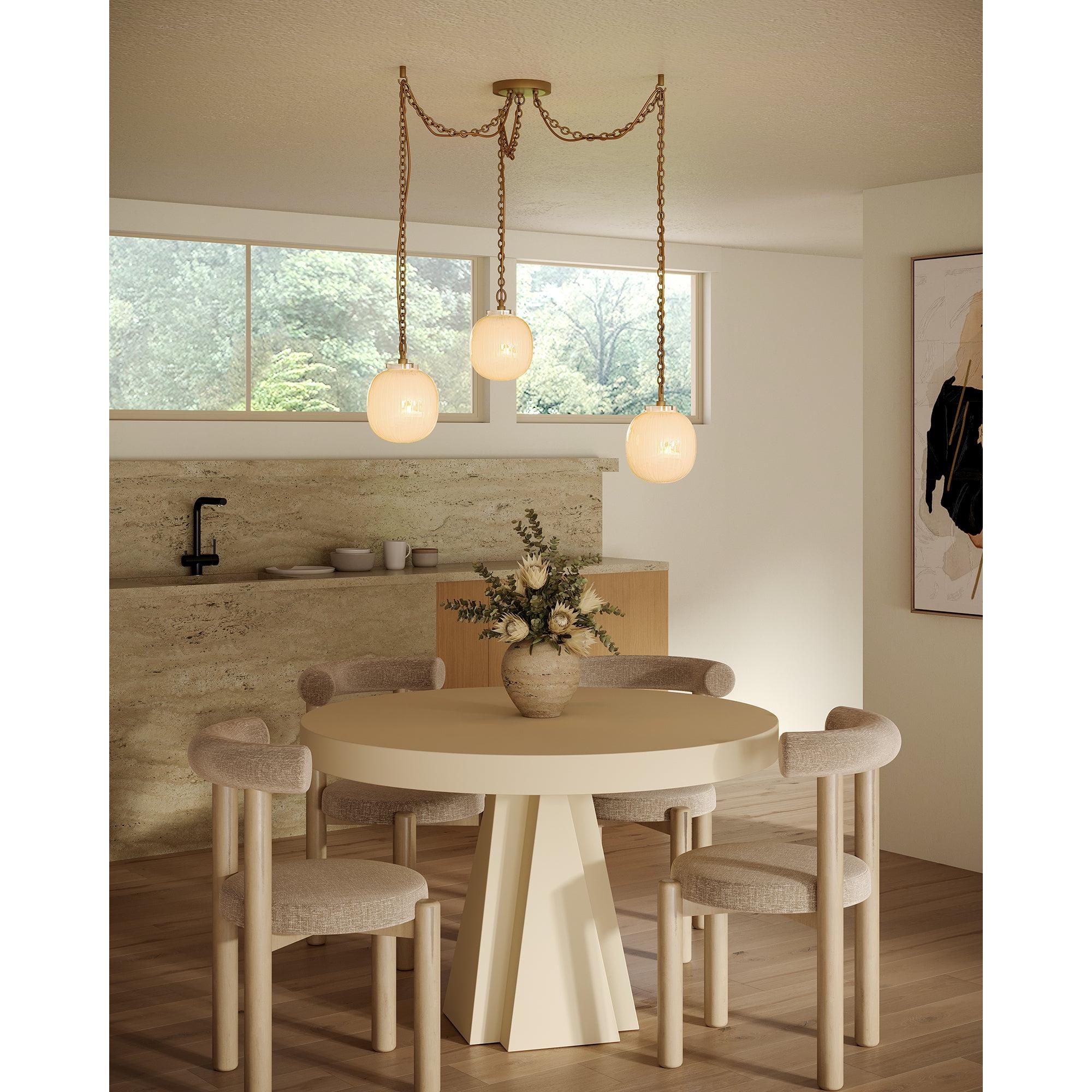 Cherise 3-Light Brushed Gold/Glossy Ribbed Opal Glass Socket Multi Pendant