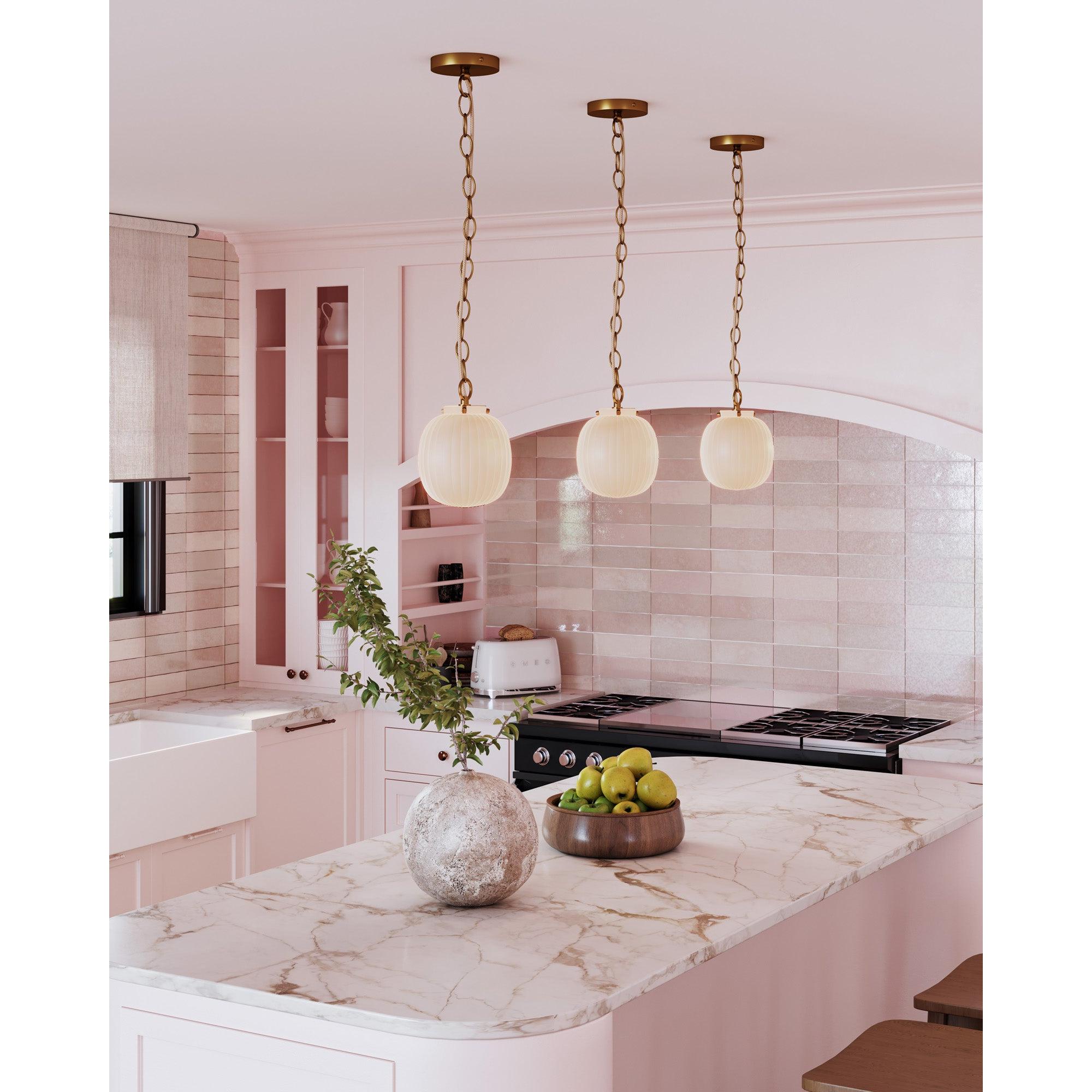 Cherise 12-in Brushed Gold/Glossy Ribbed Opal Glass Socket Pendant