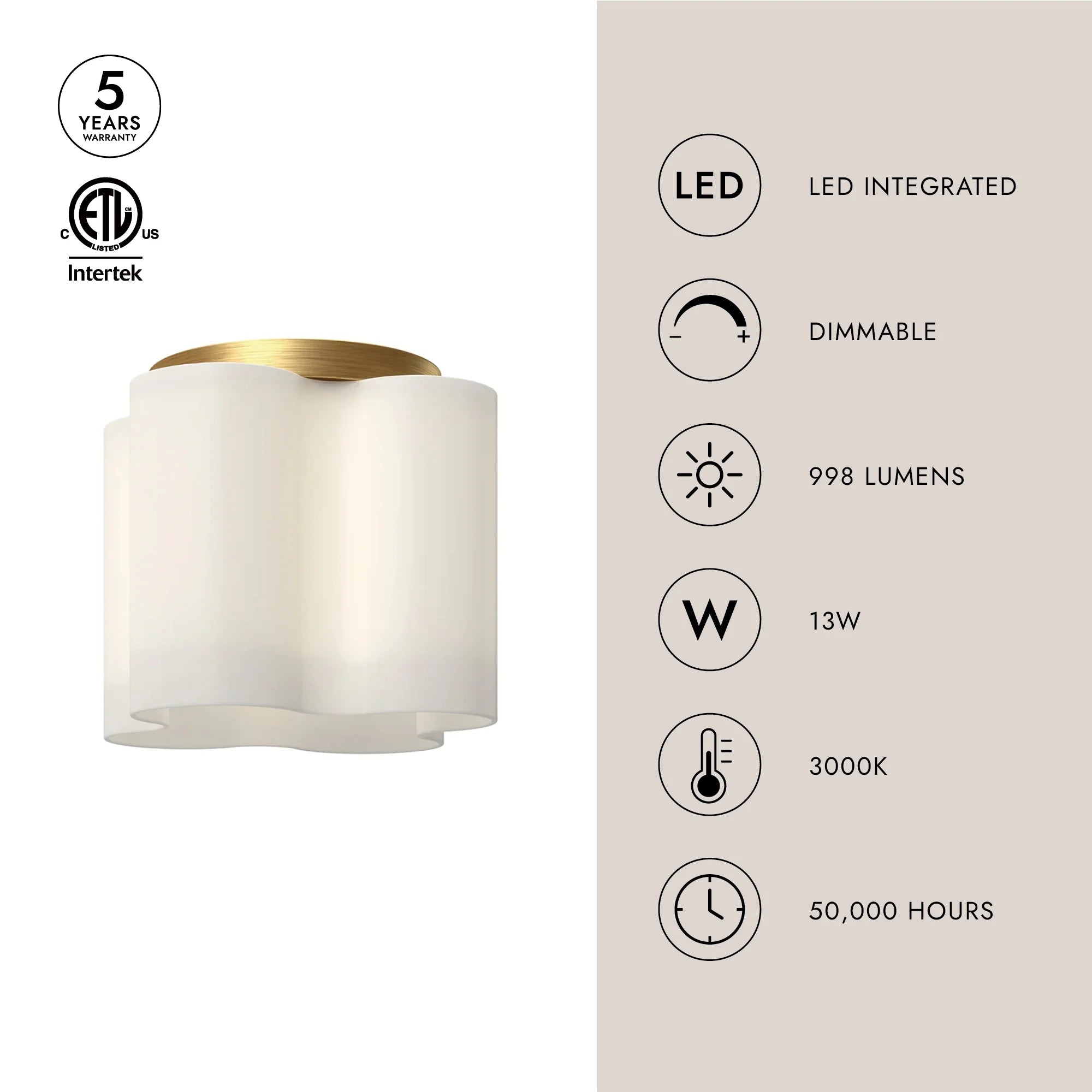 Clover LED Flush Mount Ceiling Light Fixture - 9-in - Brushed Gold/Opal Glass