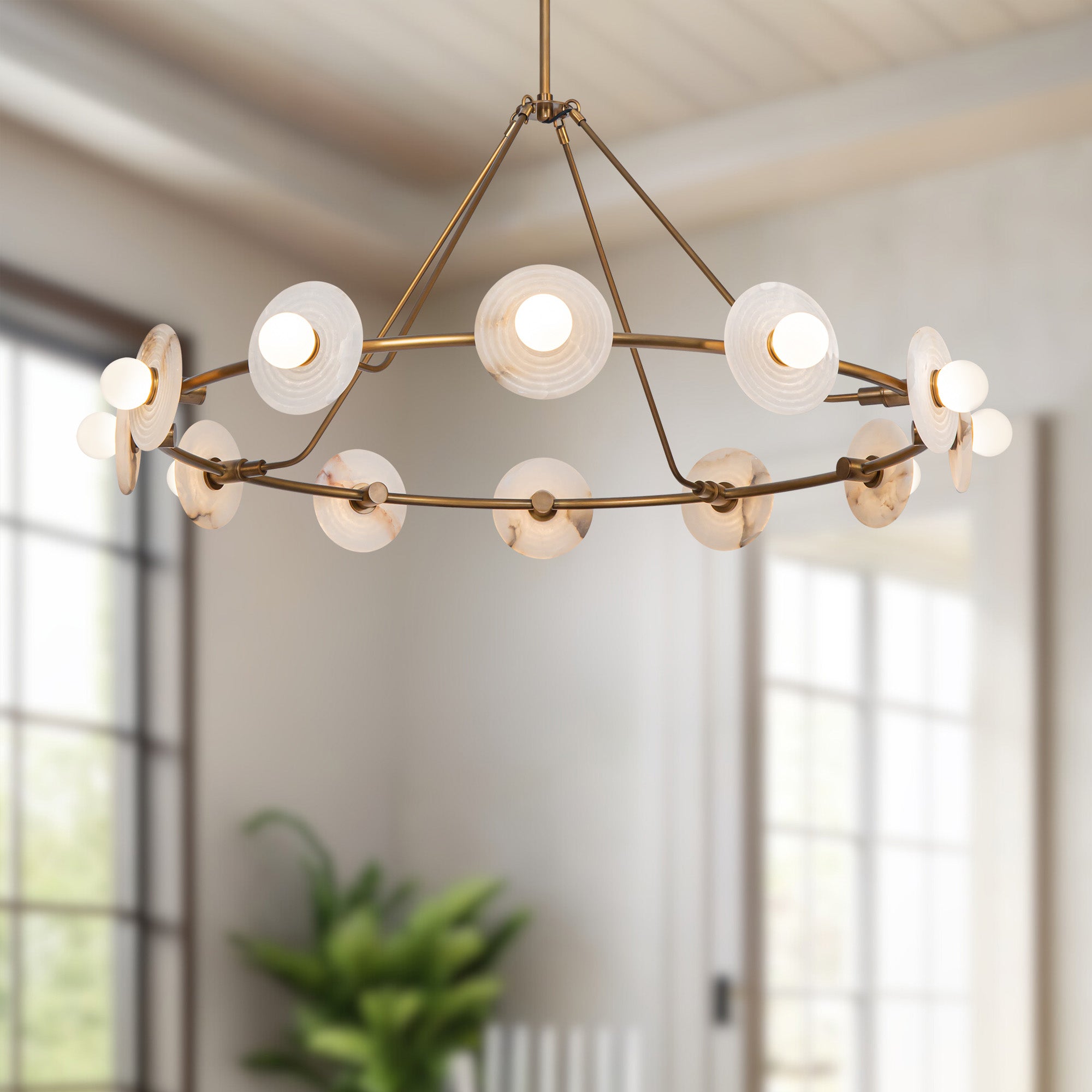 Dahlia 46-in Vintage Brass/Alabaster LED Chandeliers
