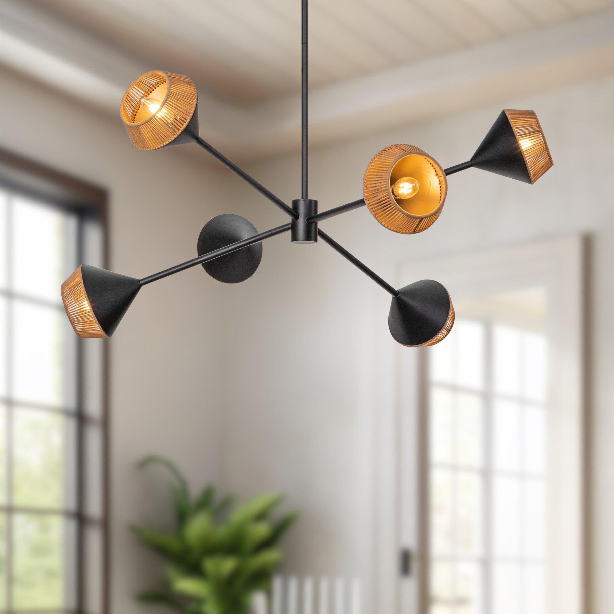 Daphne 38-in Matte Black/Brown Cotton Rope 6 Lights Chandelier