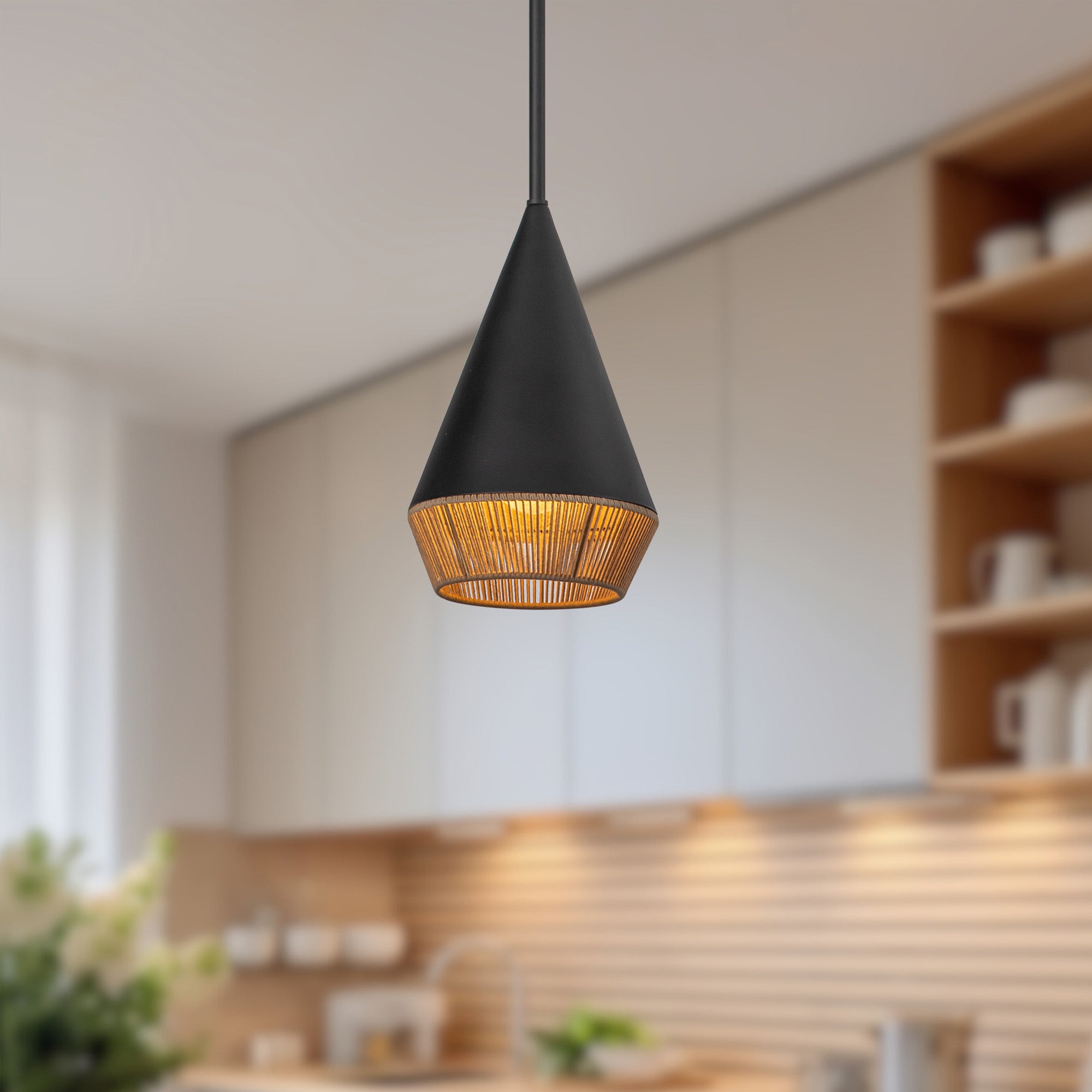 Daphne 7-in Matte Black/Brown Cotton Rope 1 Light Pendant
