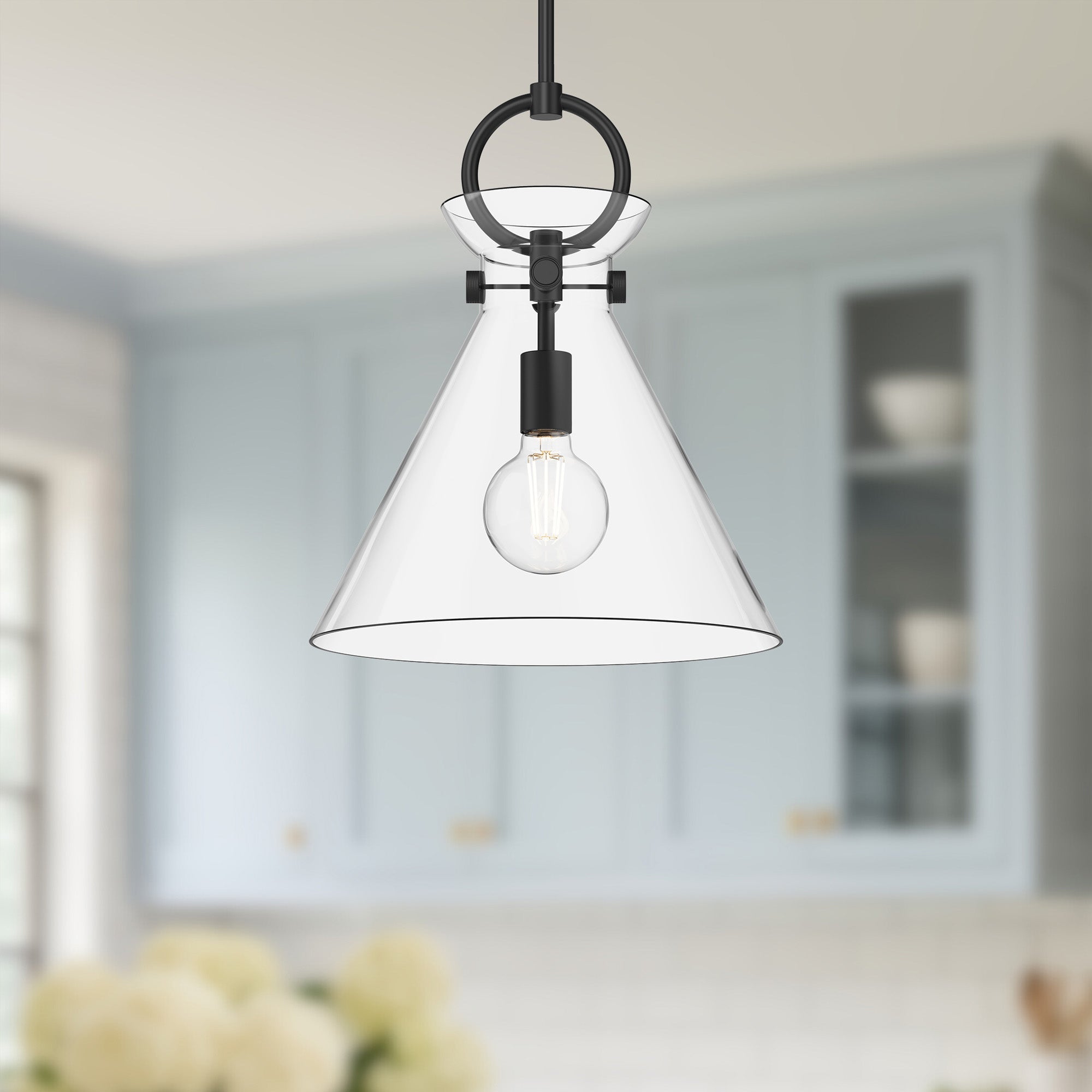 Emerson 14-in Matte Black/Clear Glass 1 Light Pendant