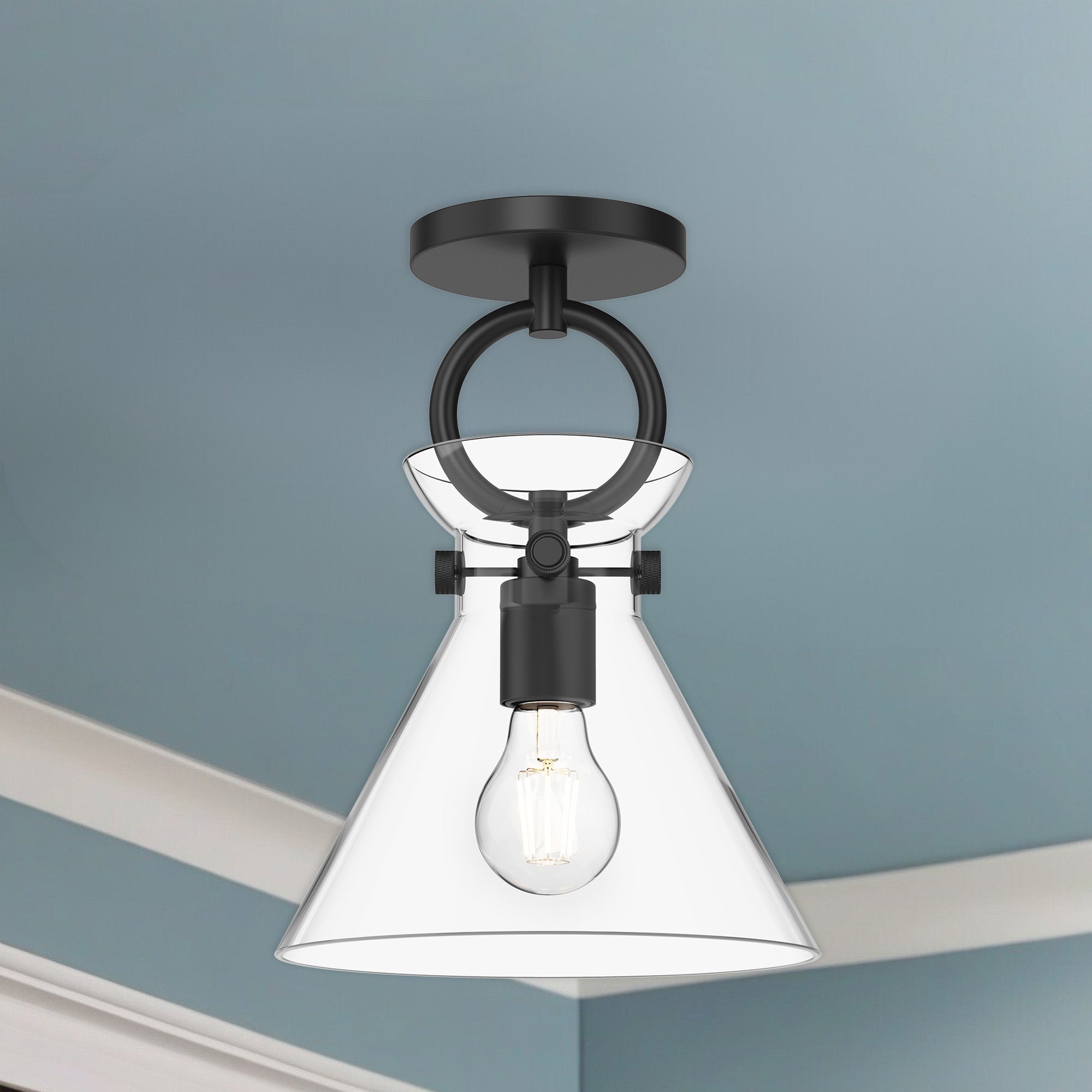 Emerson 9-in Matte Black/Clear Glass 1 Light Semi Flush Mount