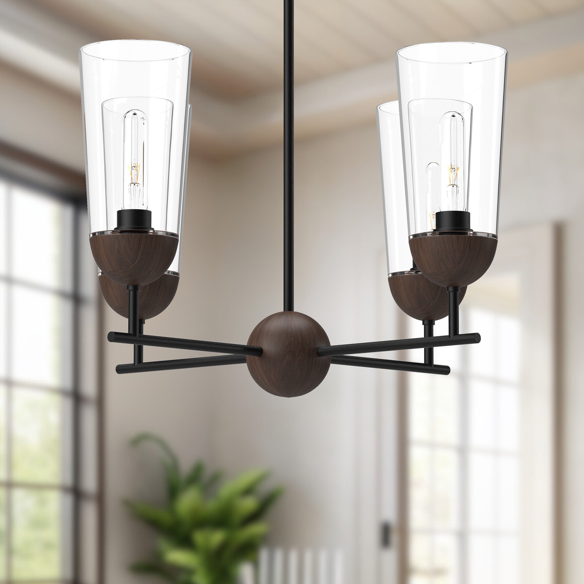 Emil 25-in Matte Black/Walnut 4 Lights Chandeliers