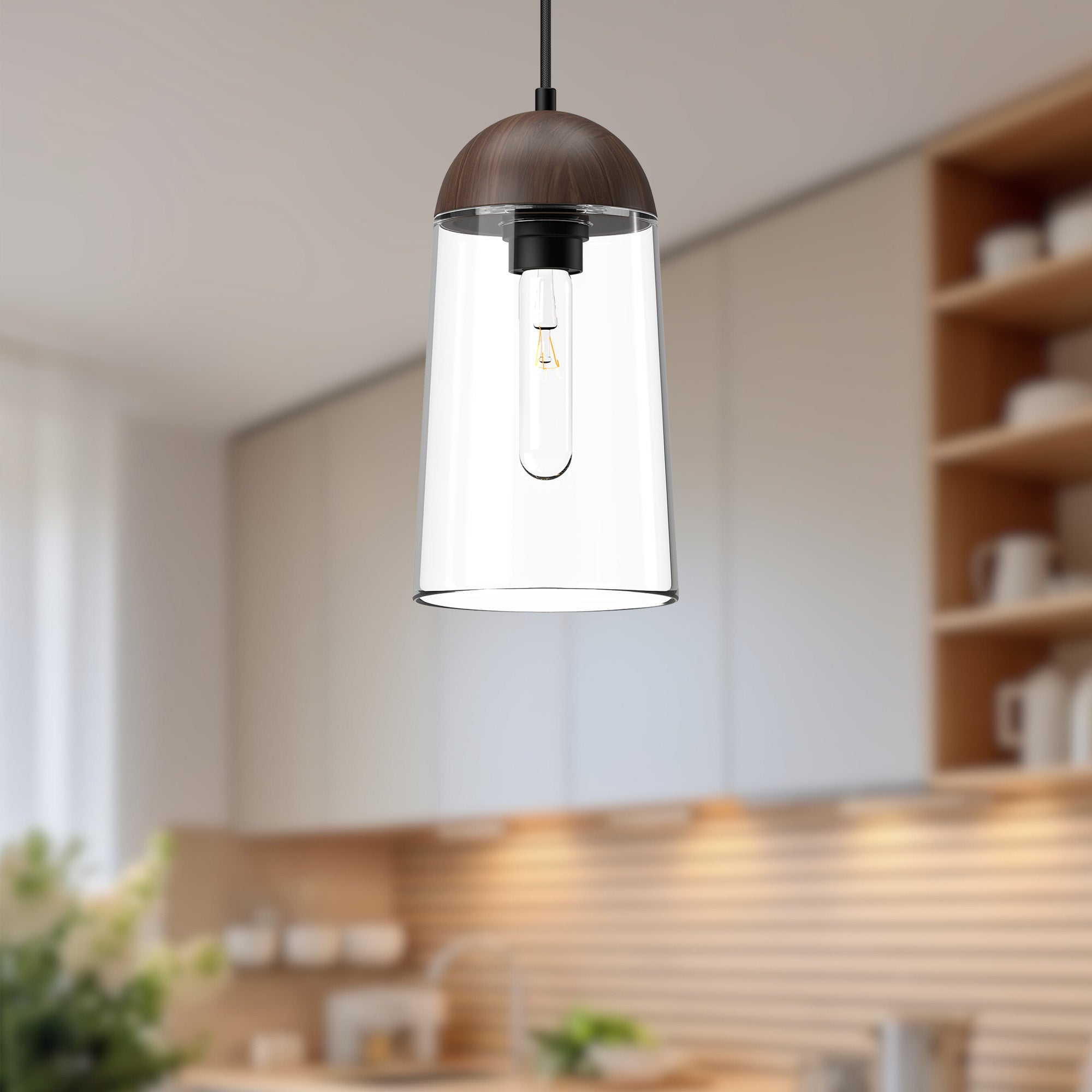 Emil 6-in Matte Black/Walnut 1 Light Pendant