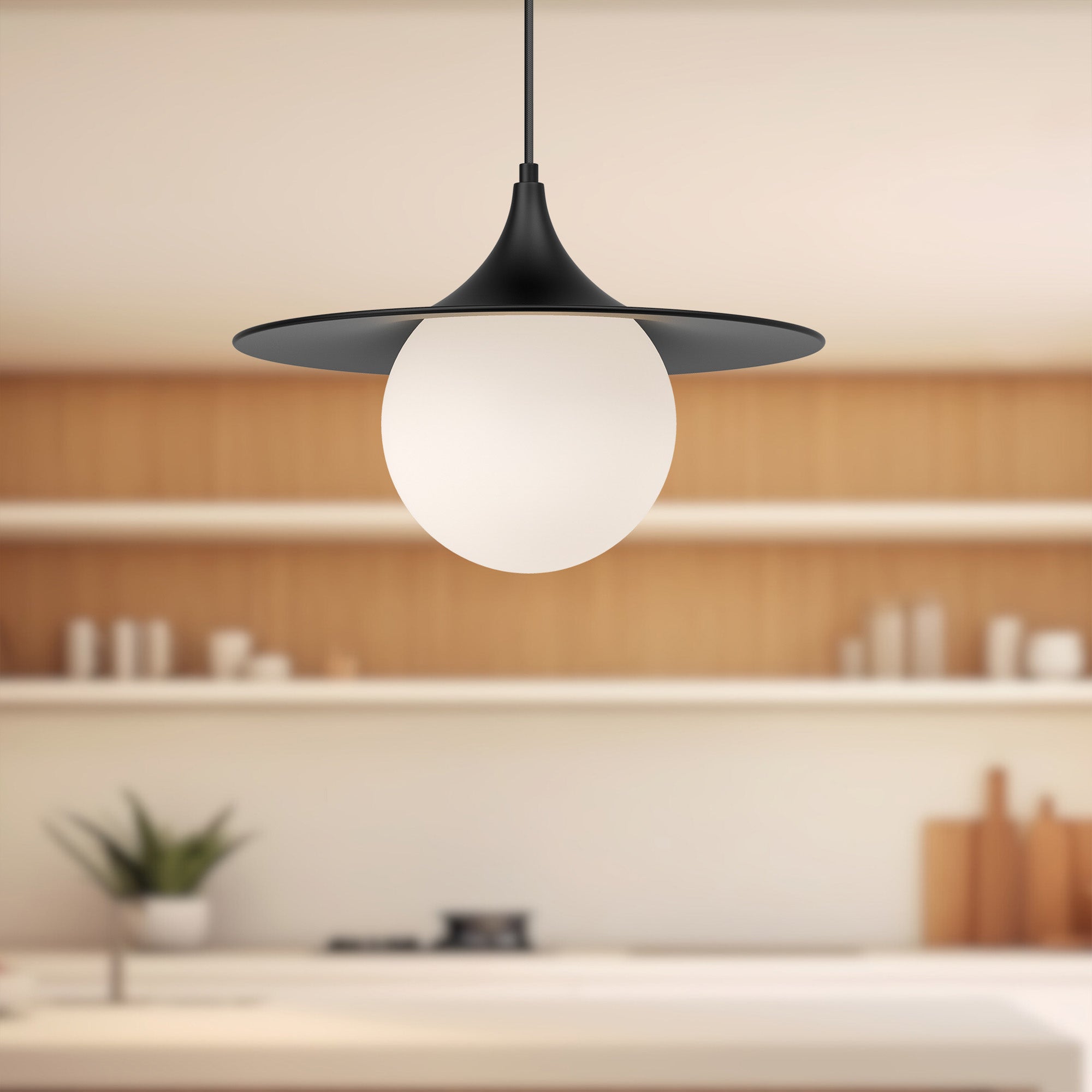 Fuji 16-in Matte Black/Opal Matte Glass 1 Light Pendant