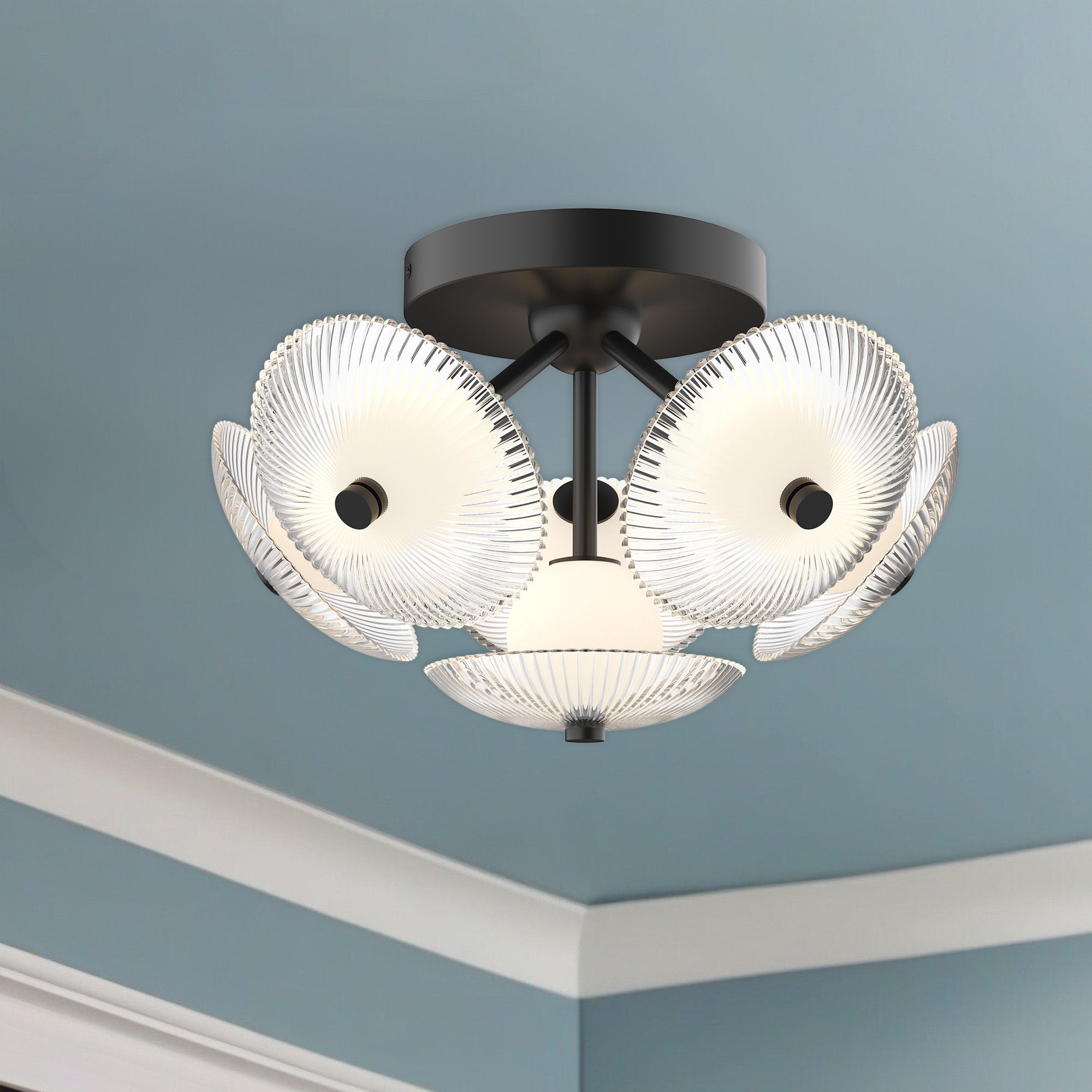 Hera 16-in Matte Black/Clear Ribbed Glass LED Flush Mount