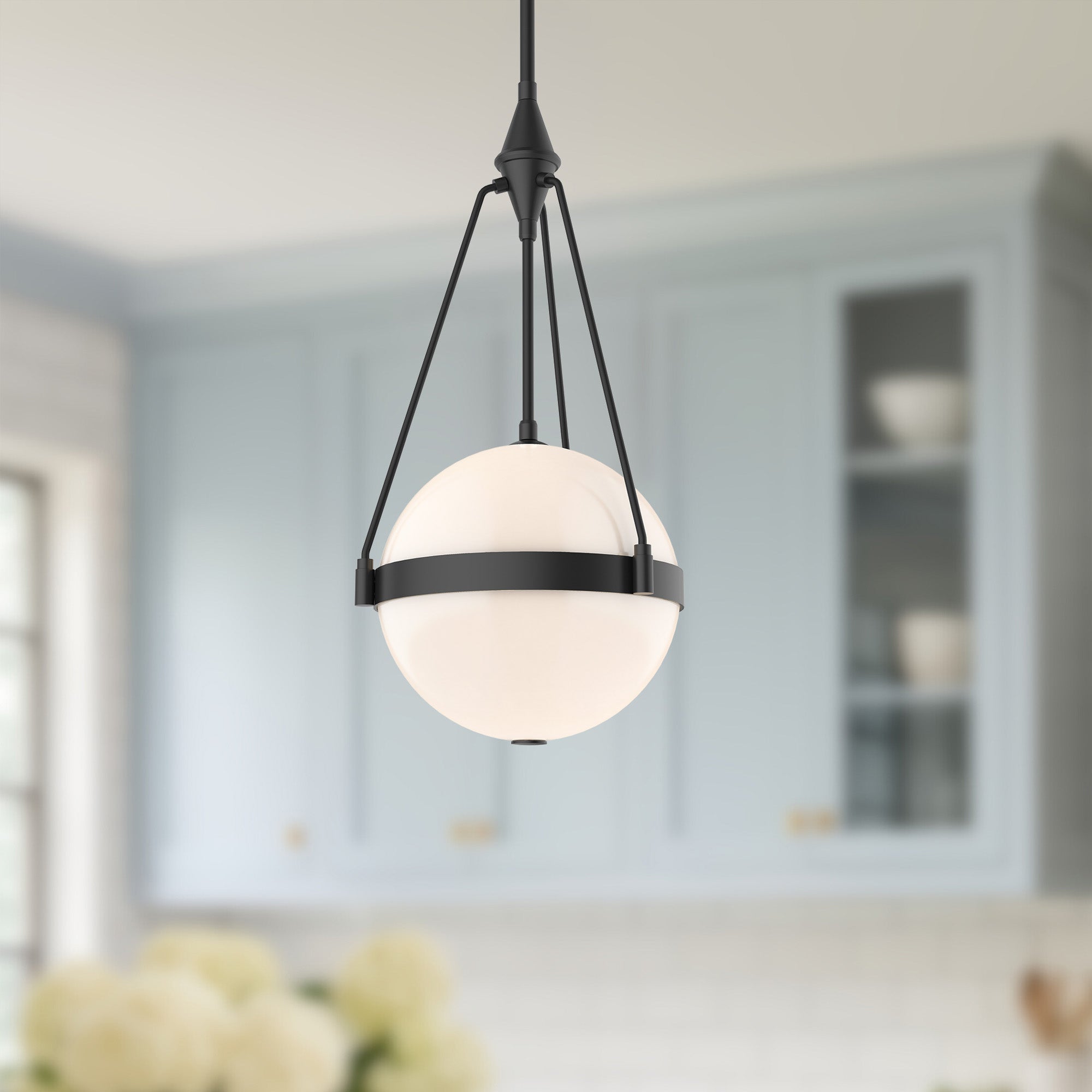 Harmony 14-in Matte Black/Glossy Opal Glass 3 Lights Pendant