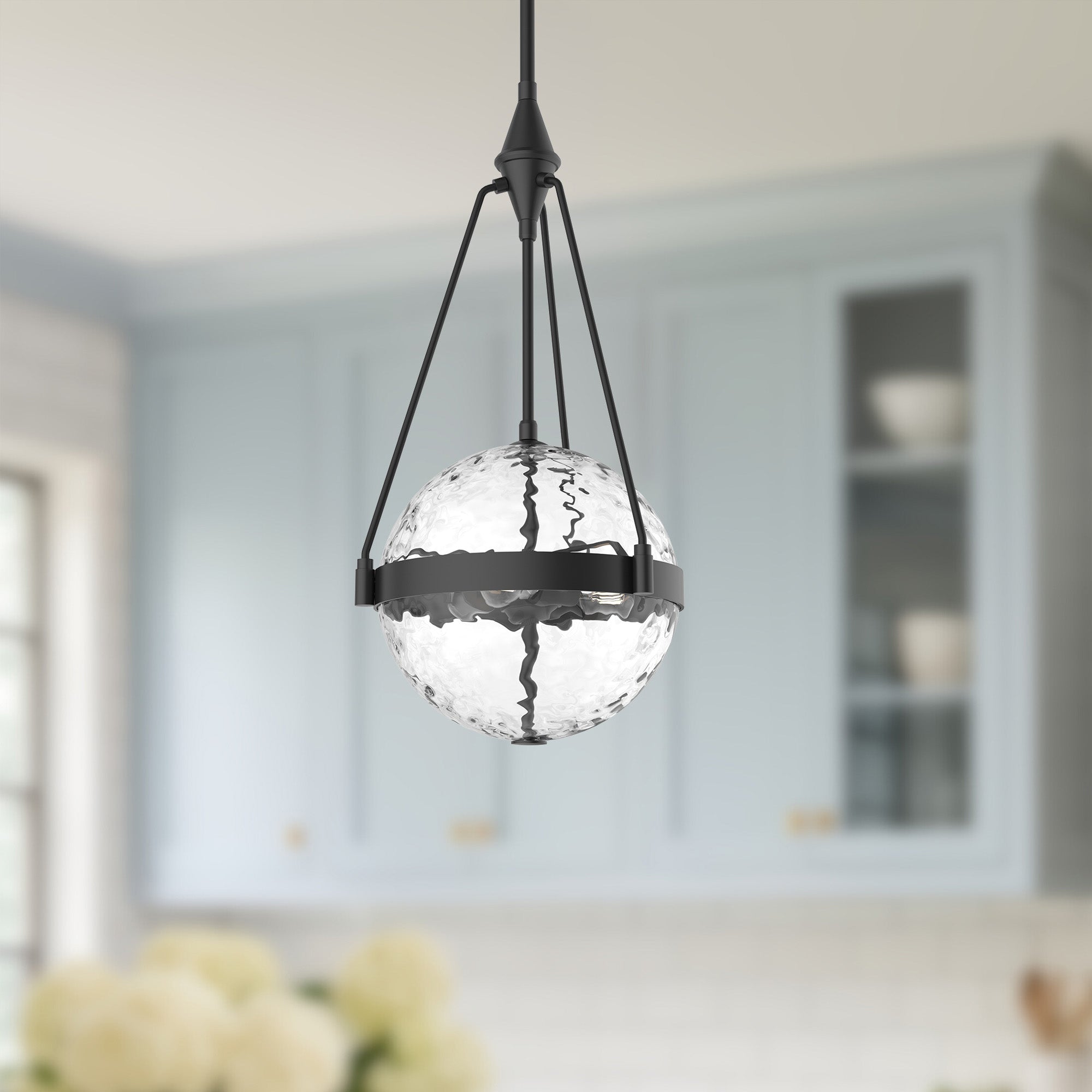 Harmony 14-in Matte Black/Clear Water Glass 3 Lights Pendant