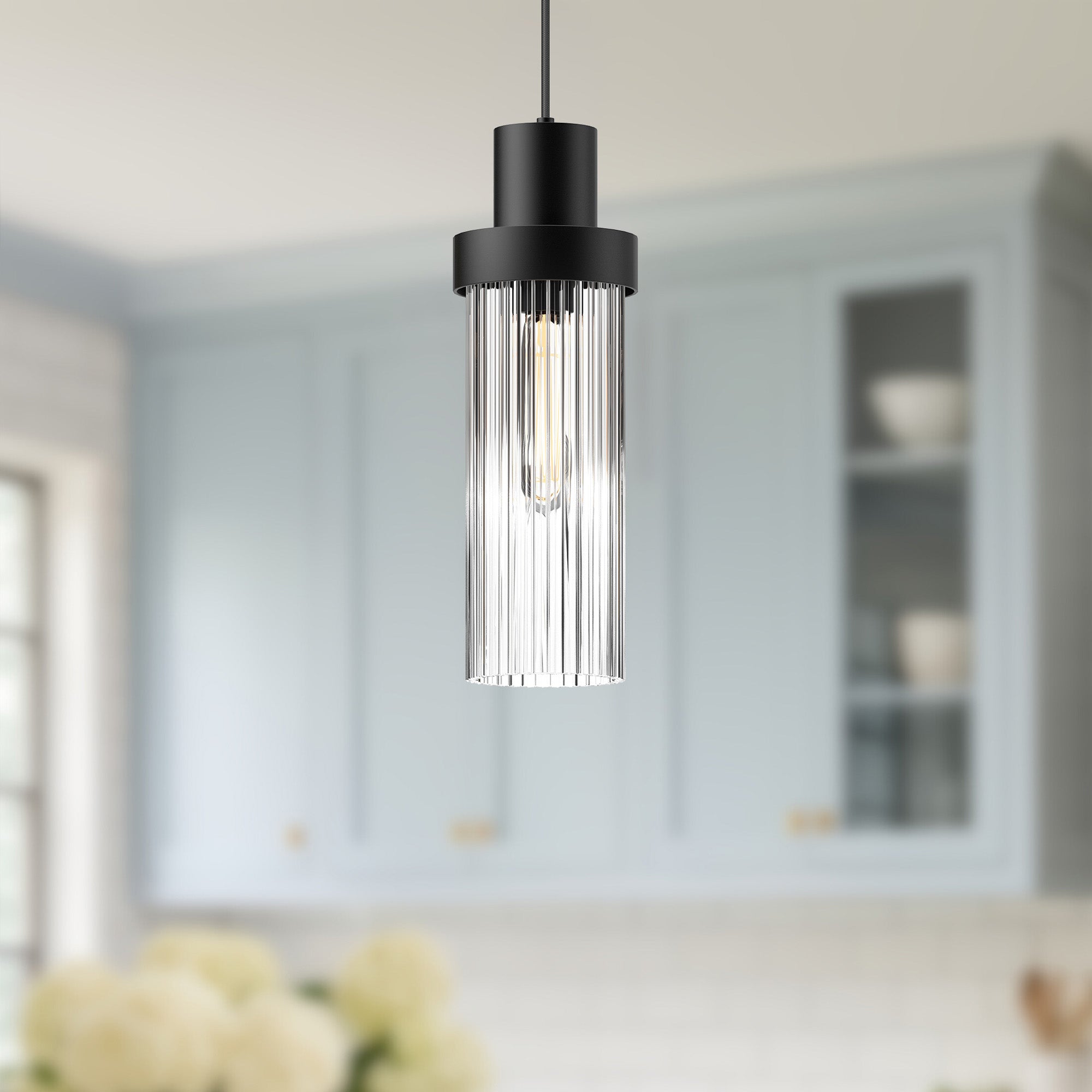 Kent 5-in Clear Ribbed Glass/Matte Black 1 Light Pendant