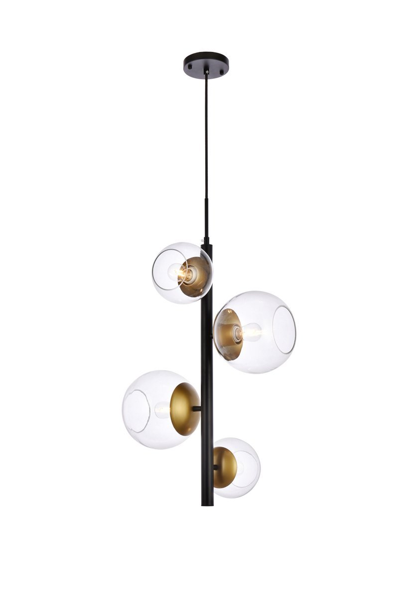 Elegant Lighting WELLS LD654D18BRK Pendant Mid Century Modern - Black And Brass And Clear