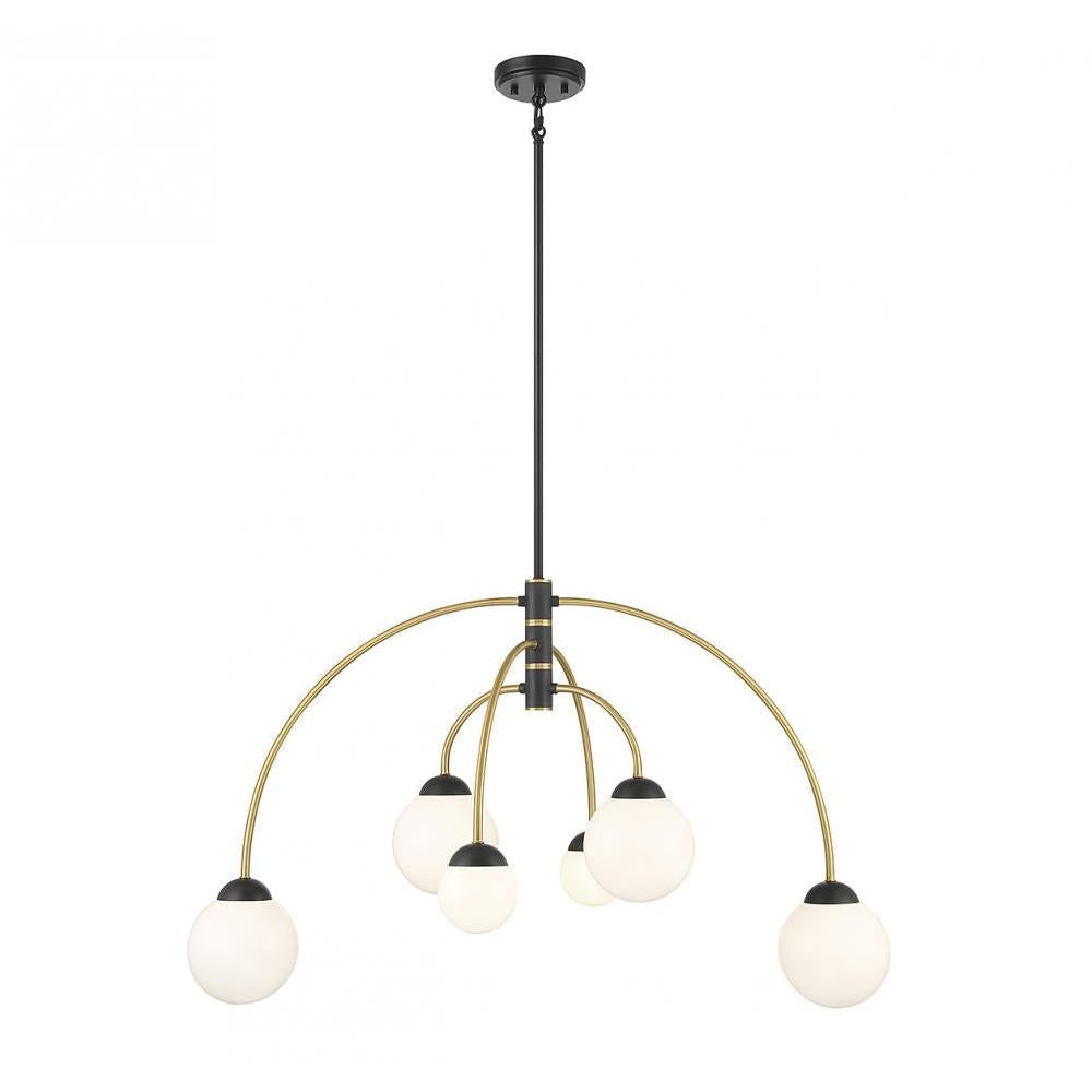 6-Light Chandelier in Matte Black with Natural Brass