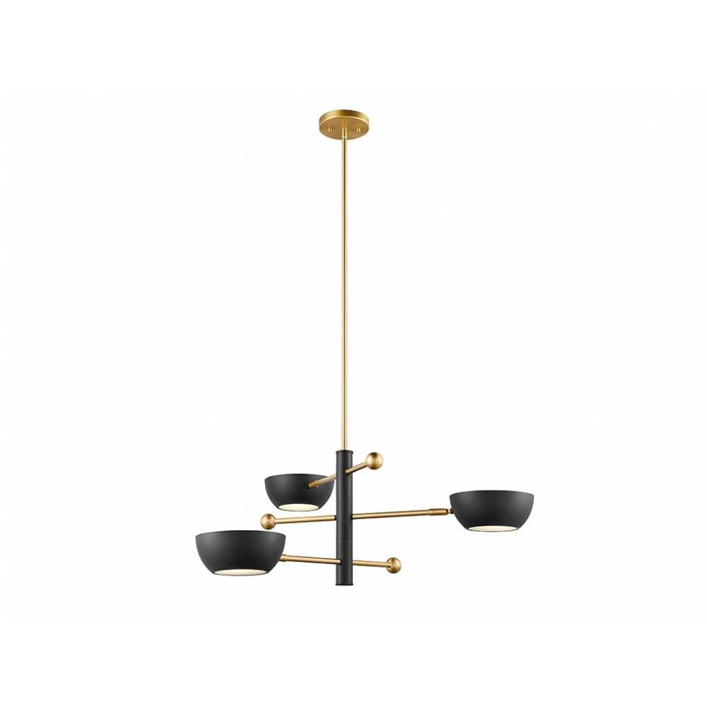 3-Light Chandelier in Matte Black and Natural Brass