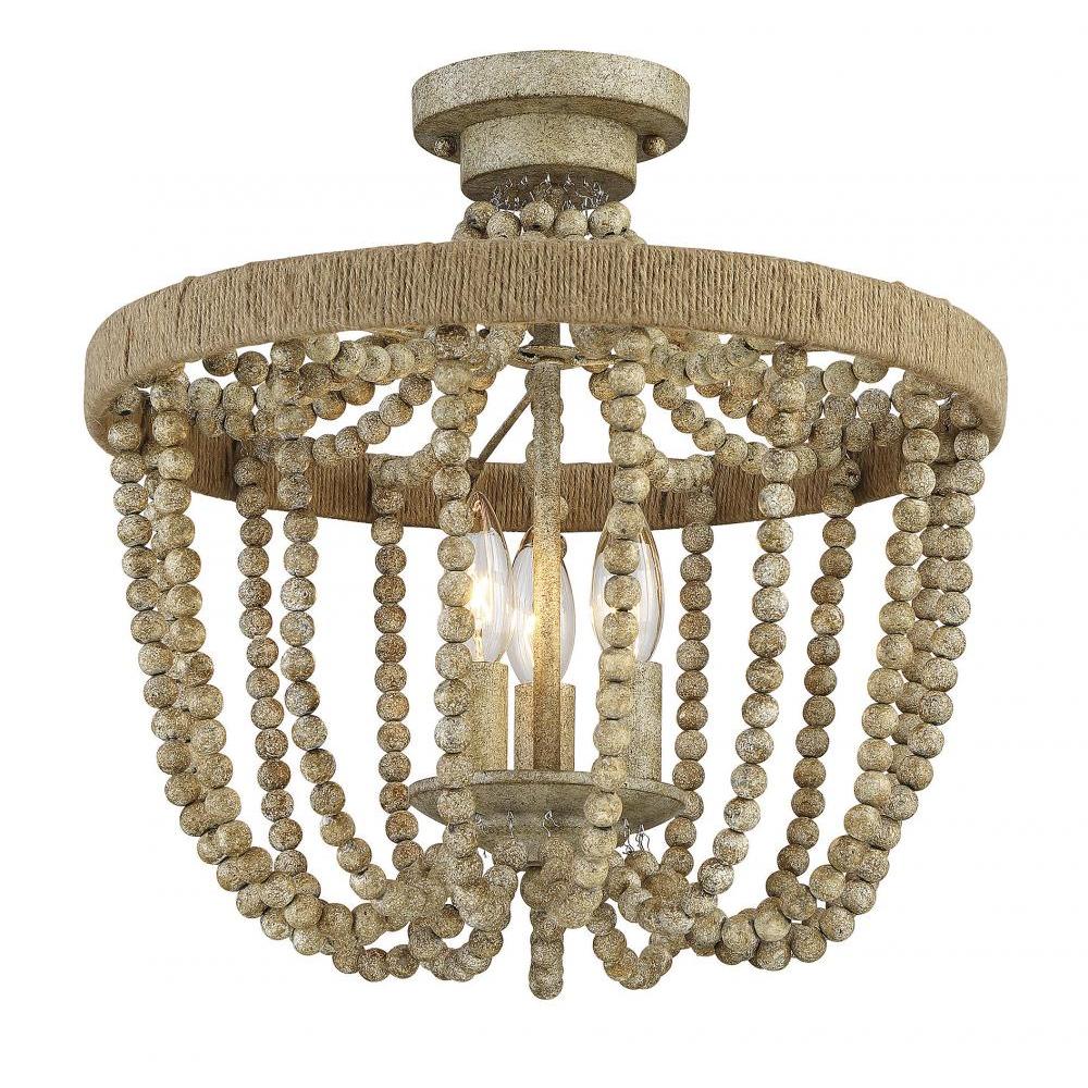 3-Light Ceiling Light in Natural Wood with Rope