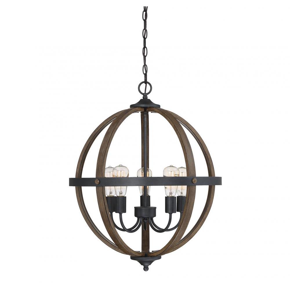 5-Light Pendant in Wood with Black