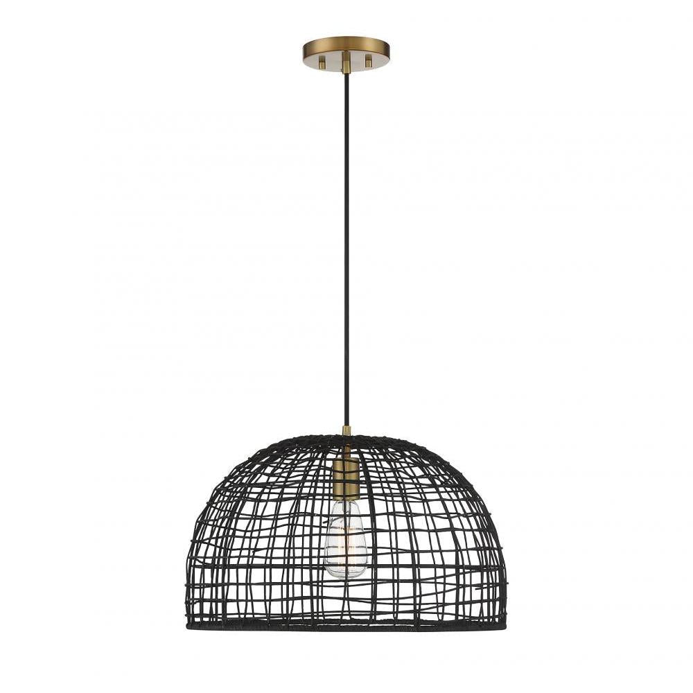1-Light Pendant in Black with Natural Brass Accents