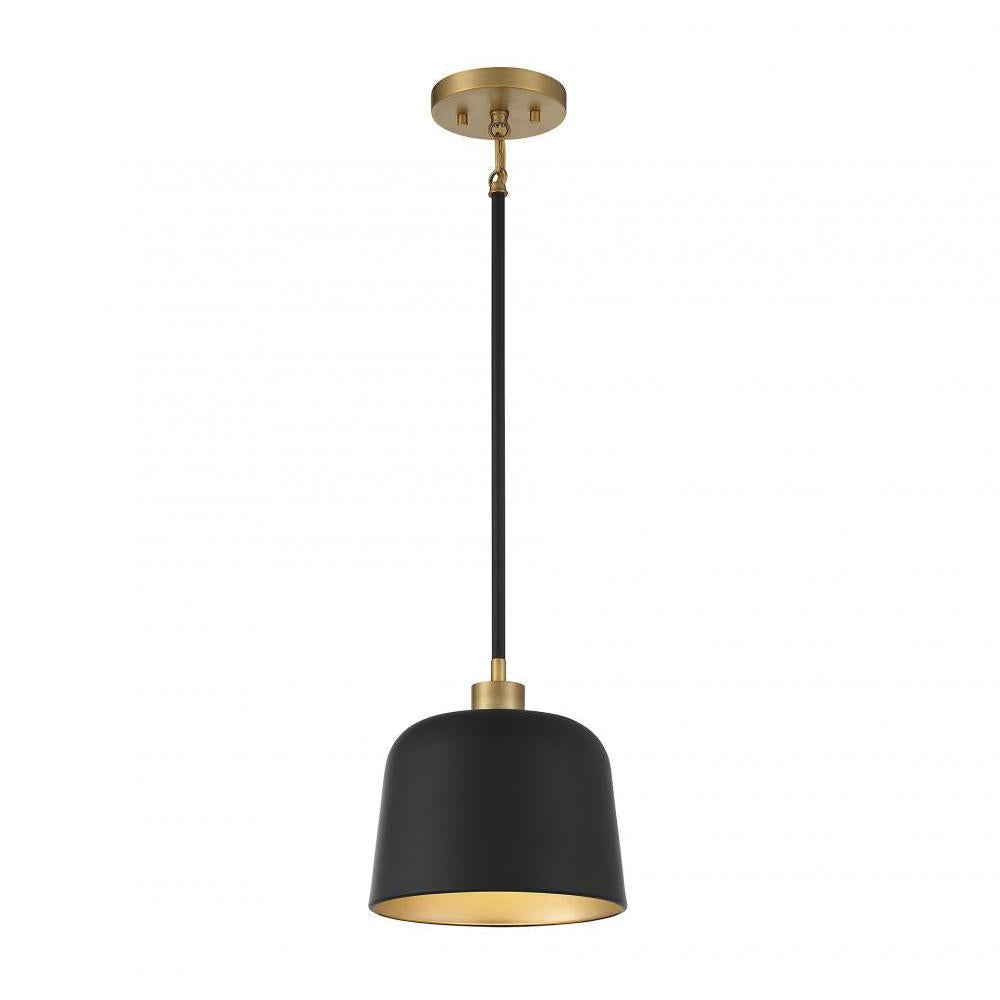 1-Light Pendant in Matte Black with Natural Brass