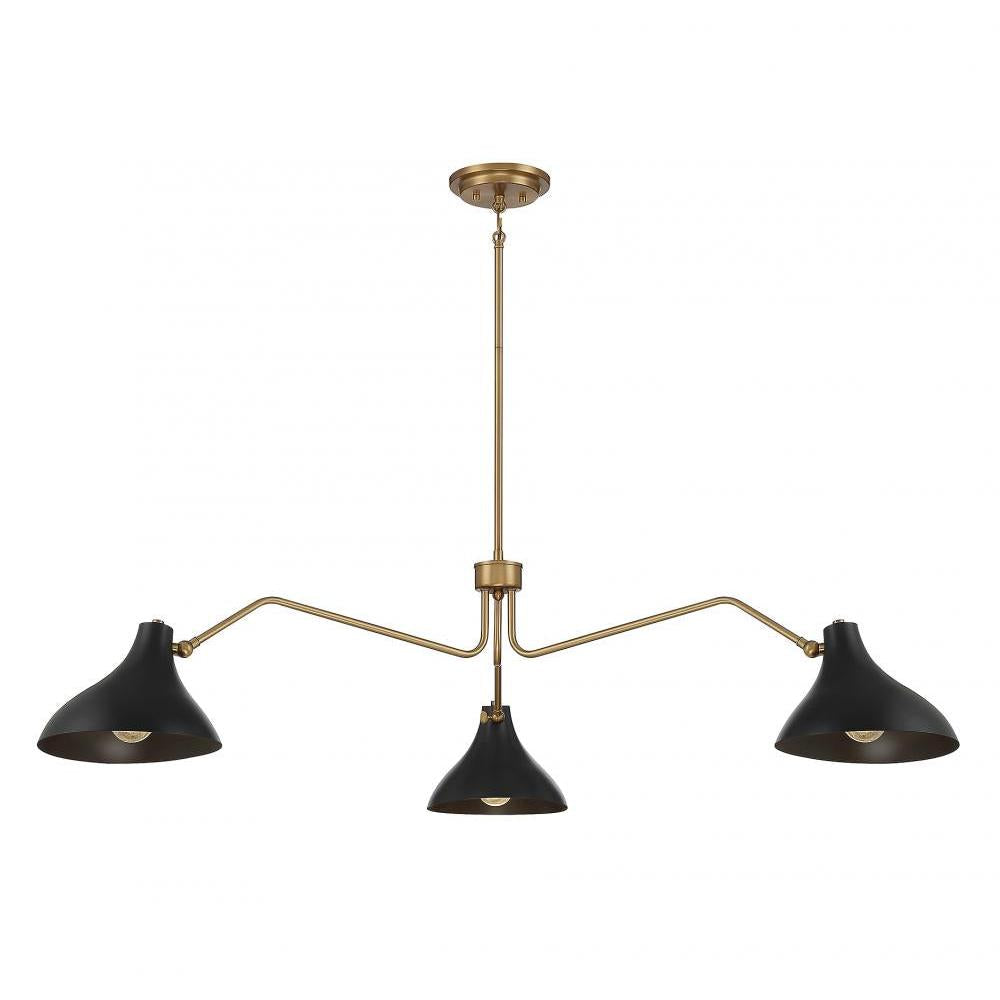 3-Light Pendant in Matte Black with Natural Brass