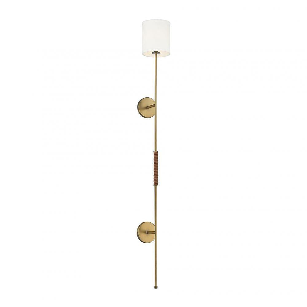 1-Light Plug-In Wall Sconce in Natural Brass with Leather Accent
