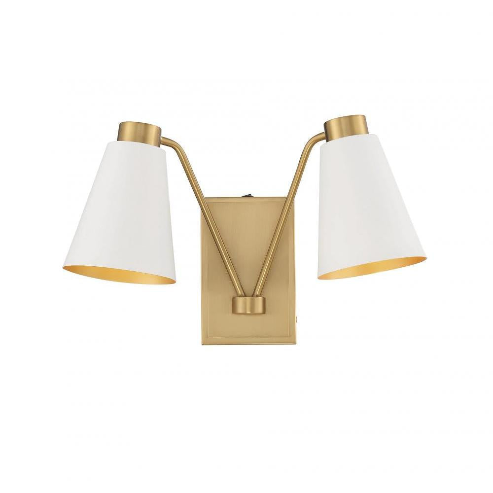 2-Light Wall Sconce in White with Natural Brass